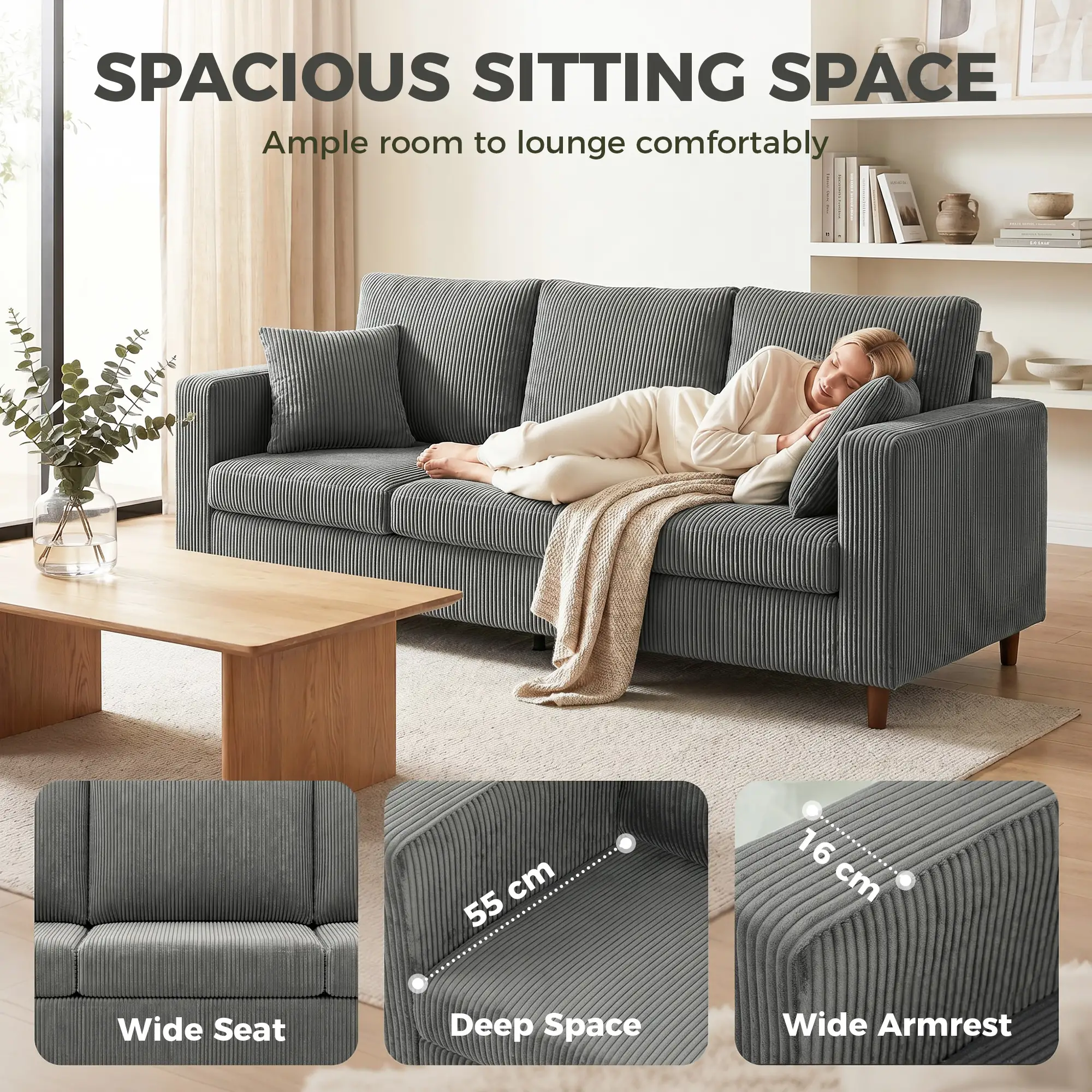 3 Seater Corduroy Sofa 225 x 80 x 79cm, Light Grey, Black - Light Grey, Black - 4