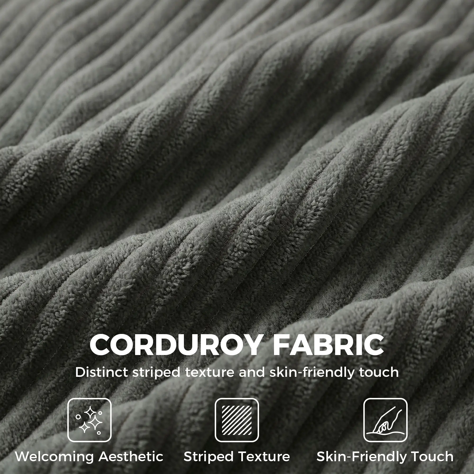 3 Seater Corduroy Sofa 225 x 80 x 79cm, Light Grey, Black - Light Grey, Black - 6