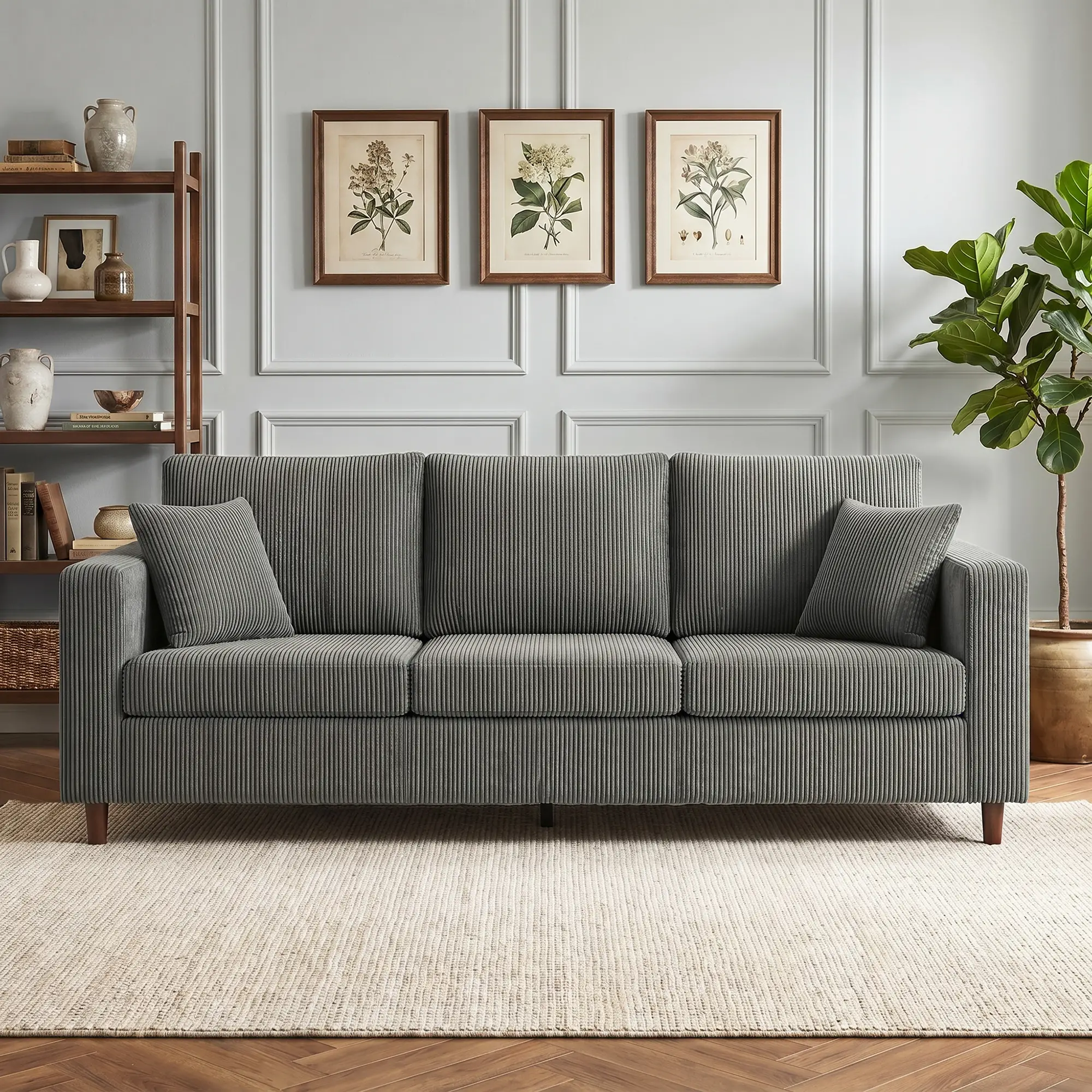 3 Seater Corduroy Sofa 225 x 80 x 79cm, Light Grey, Black - Light Grey, Black - 8