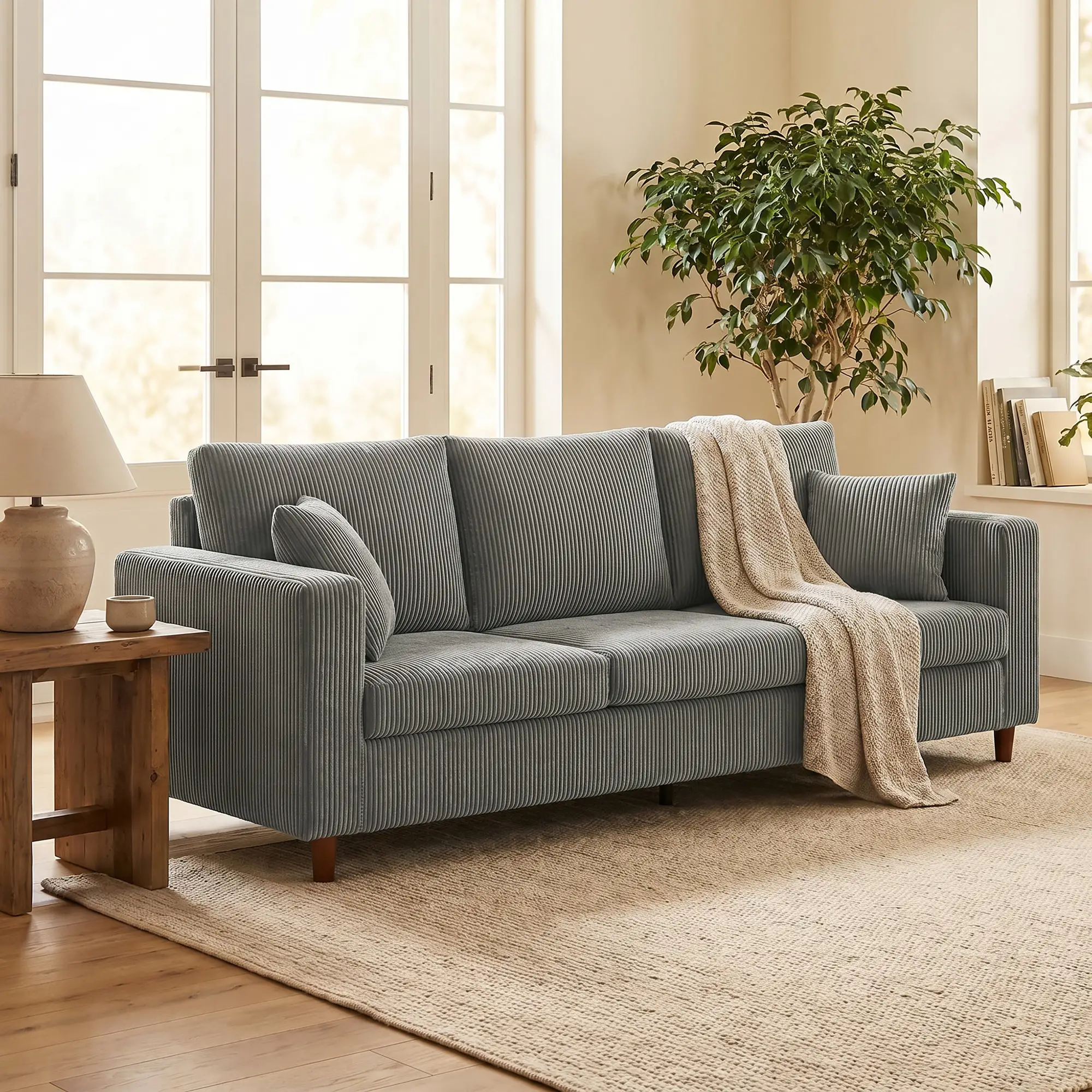 3 Seater Corduroy Sofa 225 x 80 x 79cm, Light Grey, Black - Light Grey, Black - 9