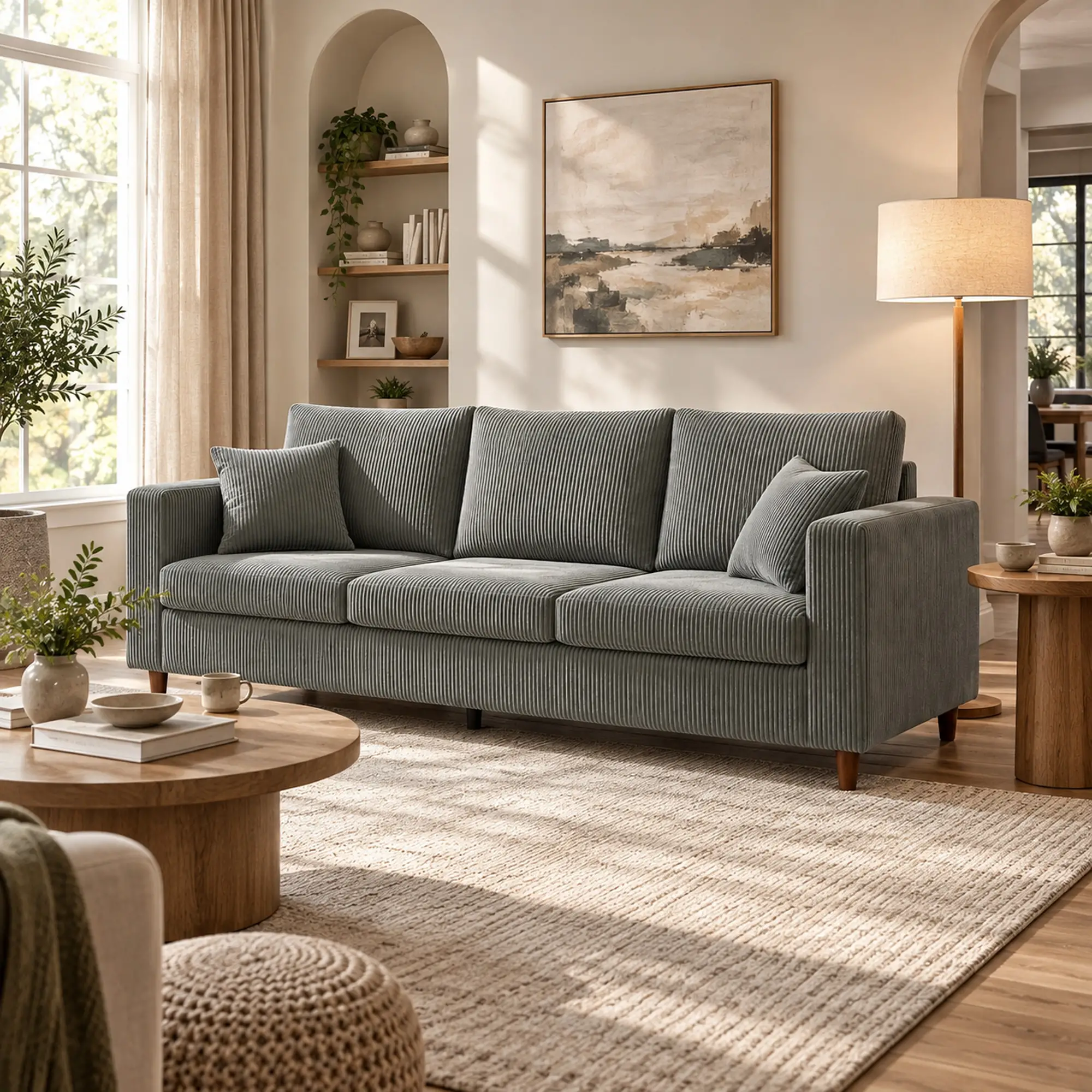3 Seater Corduroy Sofa 225 x 80 x 79cm, Light Grey, Black - Light Grey, Black - 14