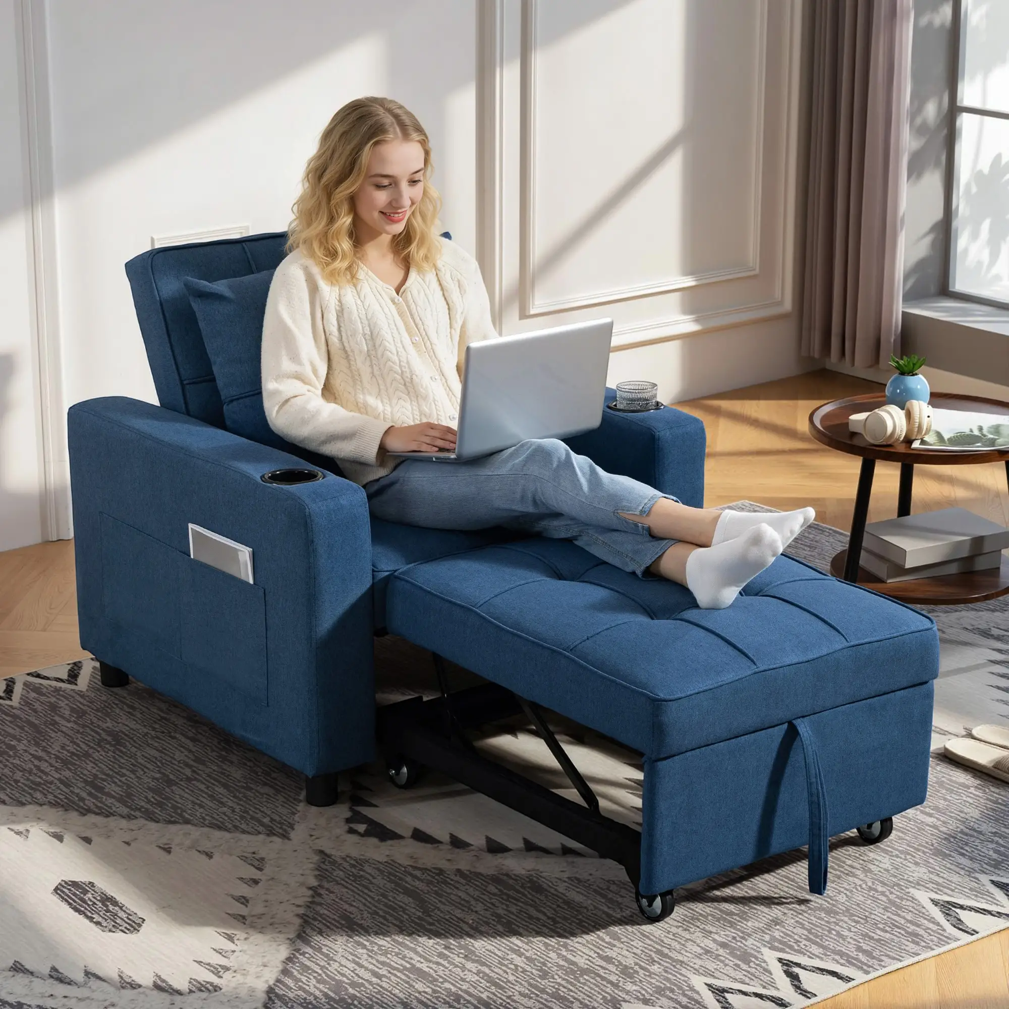Linen Sofa Bed 95 x 88 x 90cm - Dark Blue, Black - 2