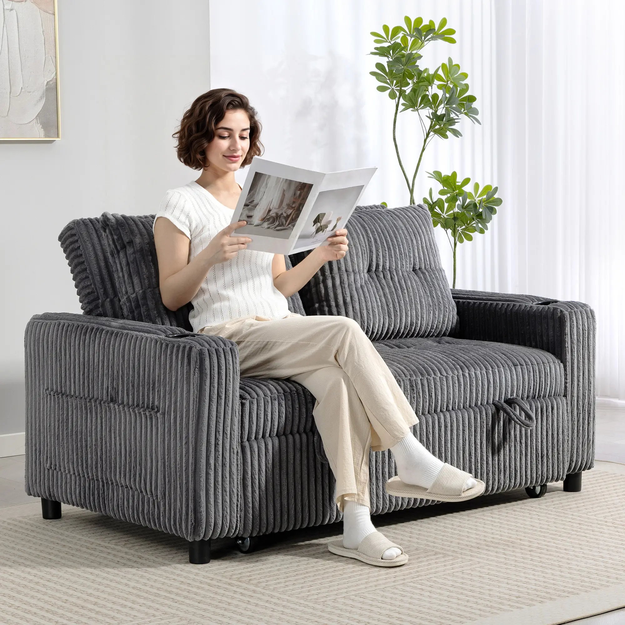 2 Seater Corduroy Sofa Bed 157 x 90 x 91cm - Charcoal Grey - 2