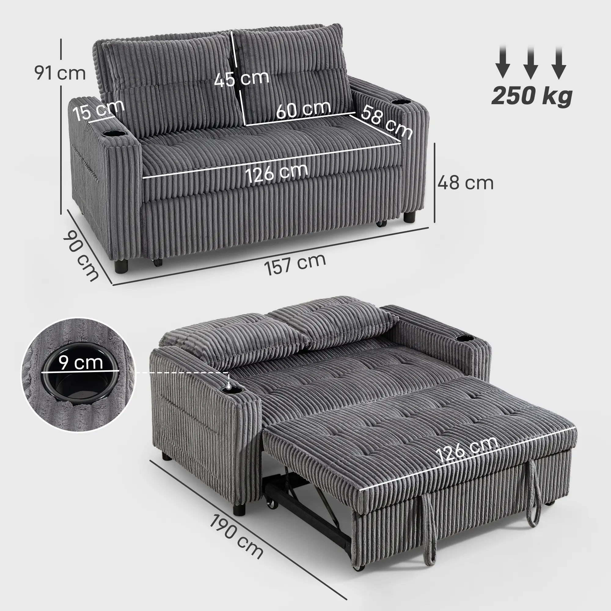 2 Seater Corduroy Sofa Bed 157 x 90 x 91cm - Charcoal Grey - 3