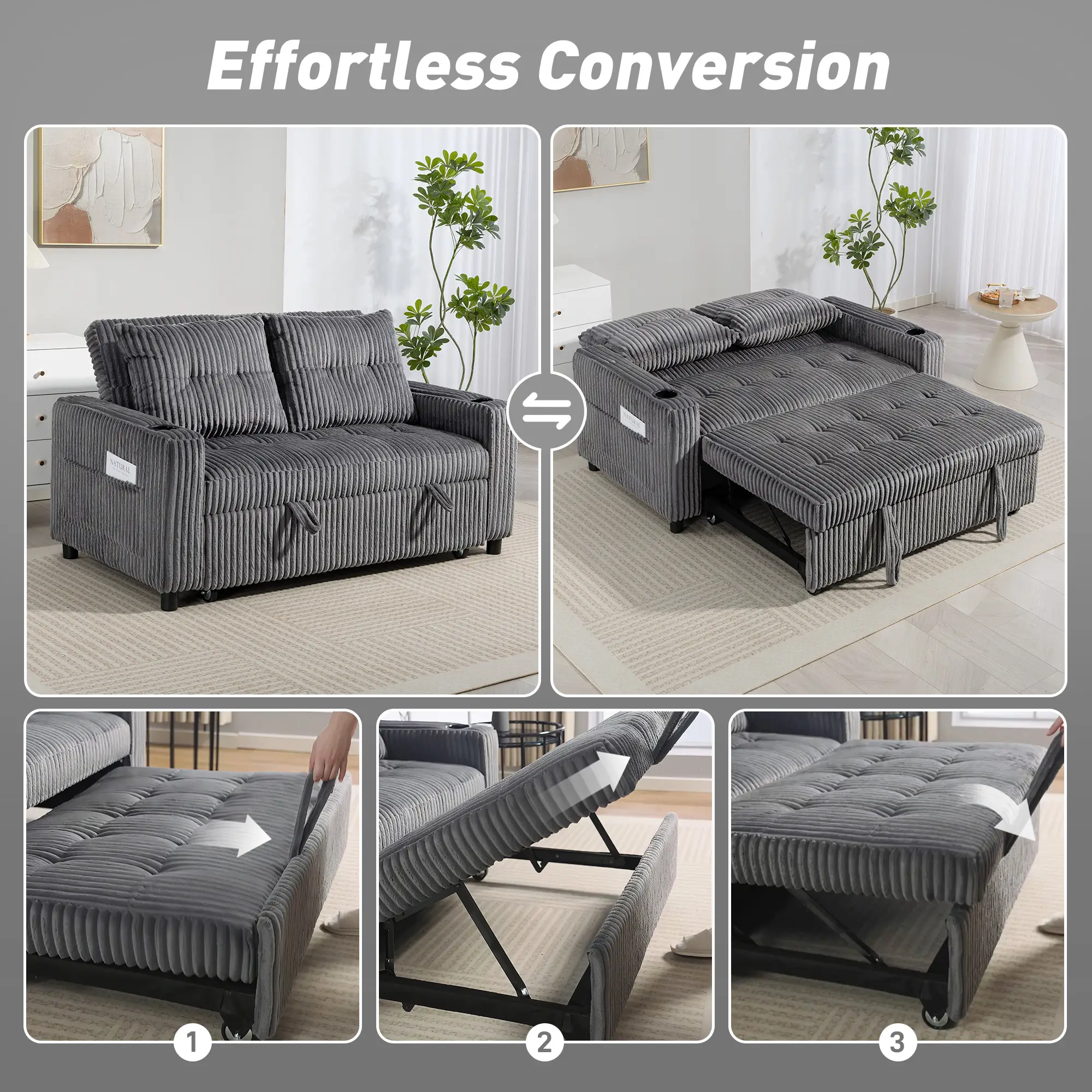 2 Seater Corduroy Sofa Bed 157 x 90 x 91cm - Charcoal Grey - 4