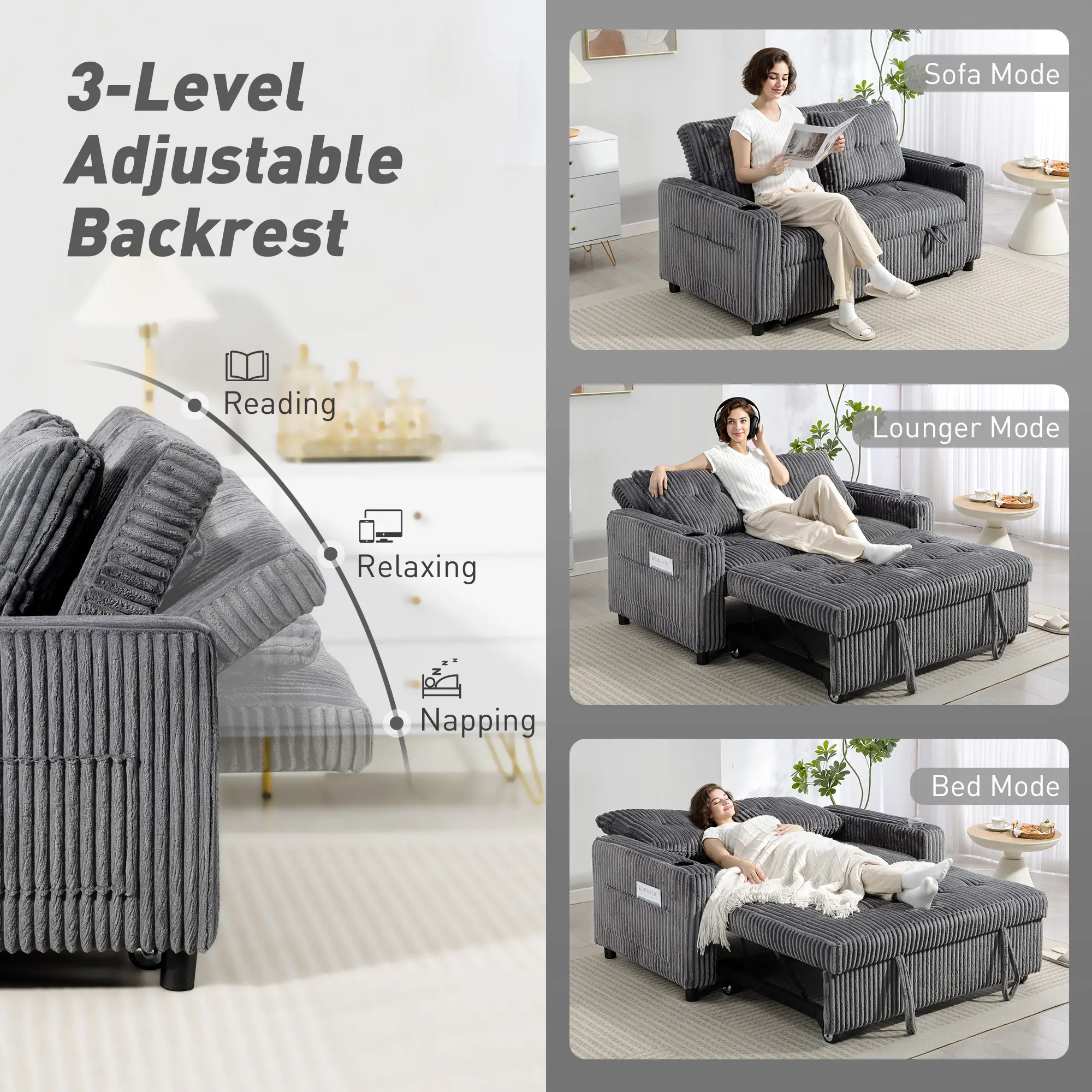 2 Seater Corduroy Sofa Bed 157 x 90 x 91cm - Charcoal Grey - 5