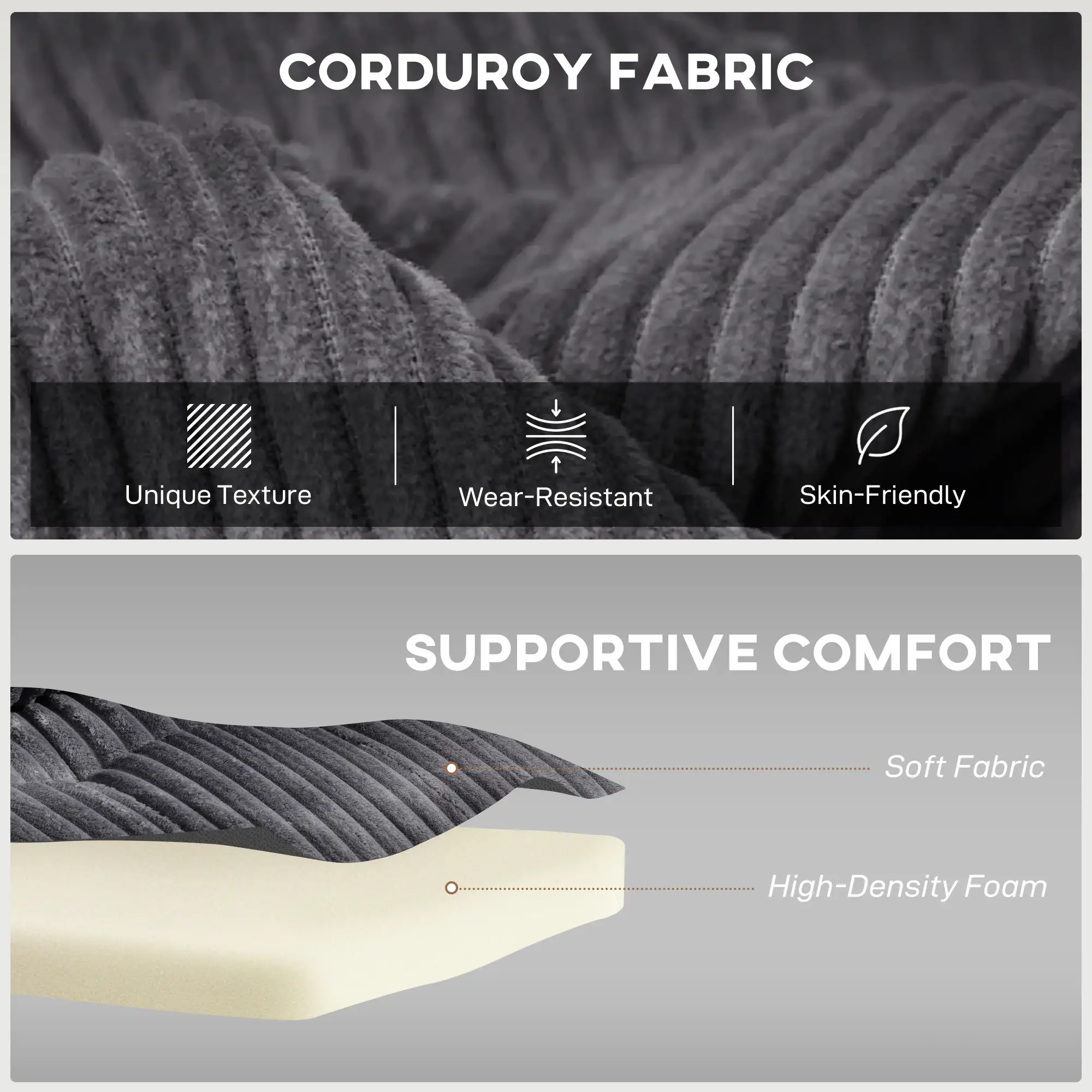 2 Seater Corduroy Sofa Bed 157 x 90 x 91cm - Charcoal Grey - 6