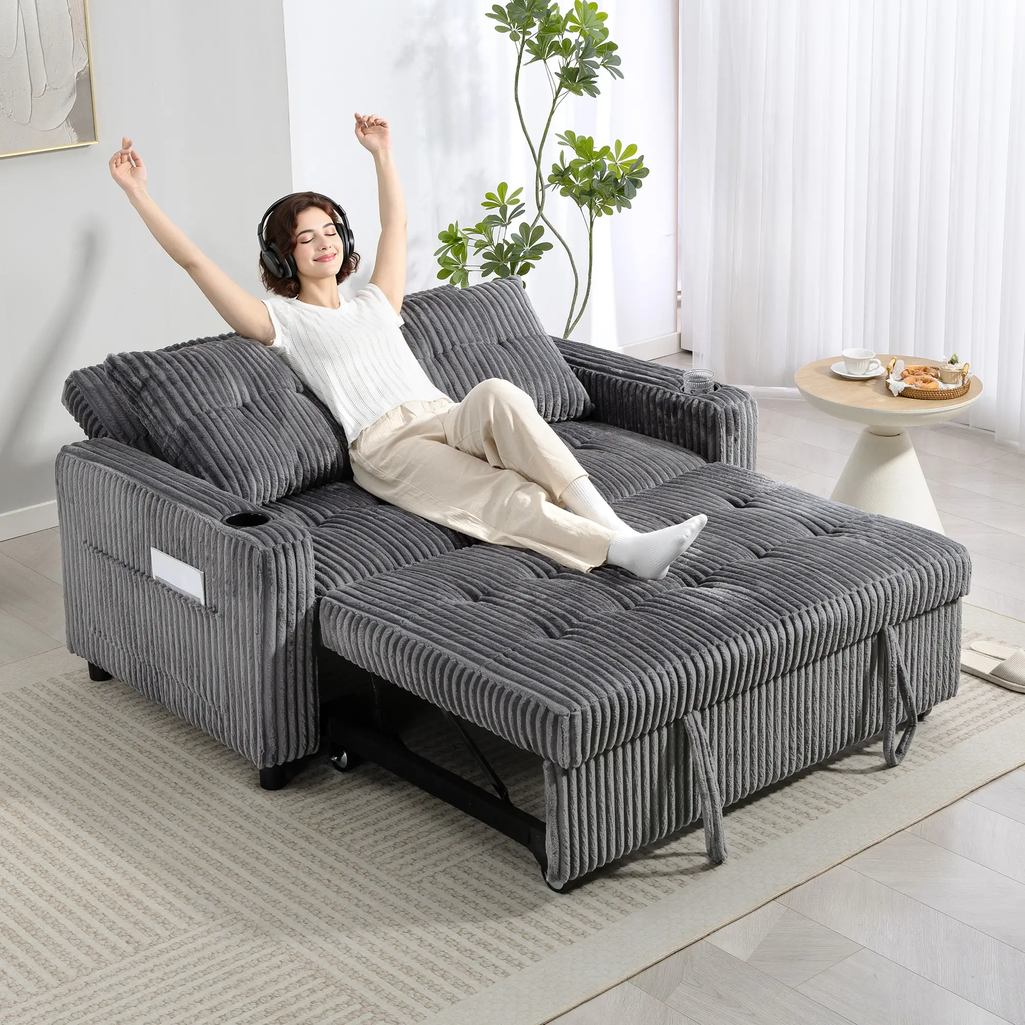 2 Seater Corduroy Sofa Bed 157 x 90 x 91cm - Charcoal Grey - 8