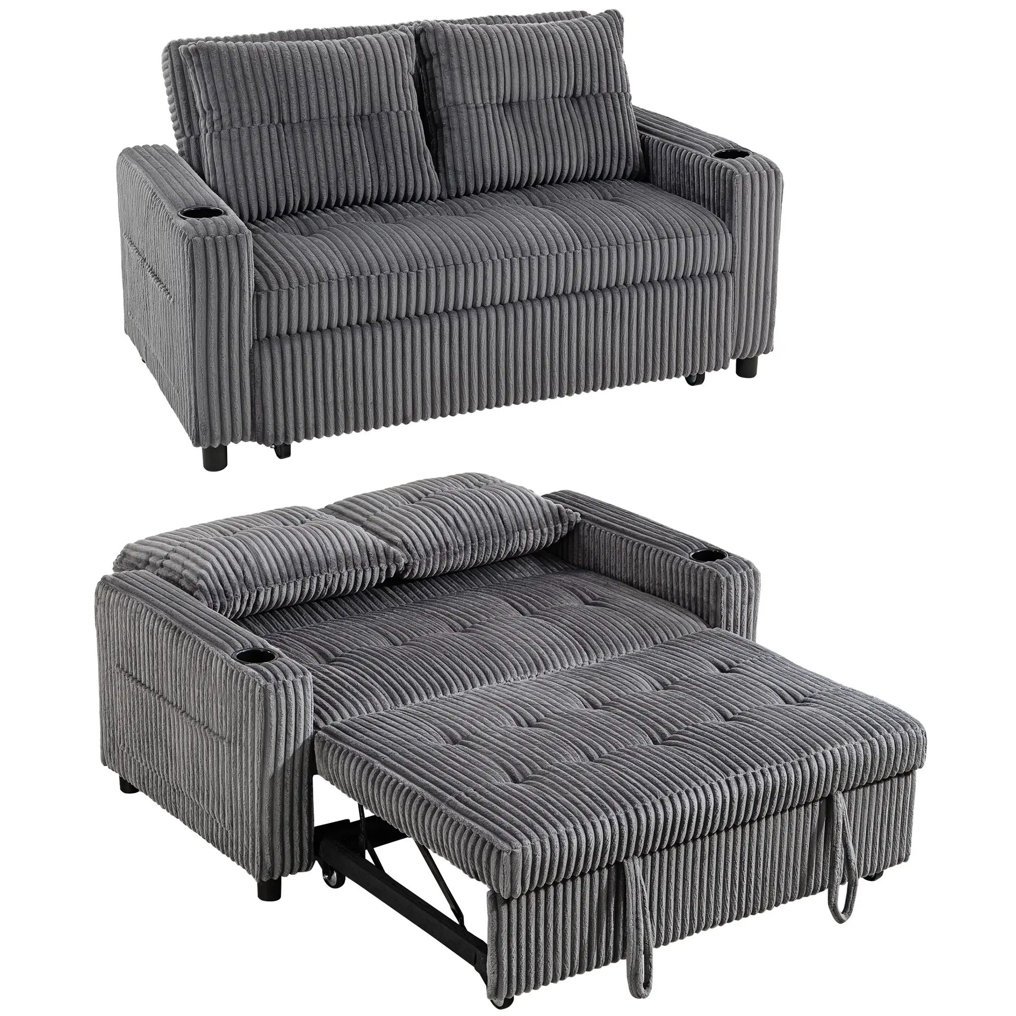 2 Seater Corduroy Sofa Bed 157 x 90 x 91cm - Charcoal Grey - 10