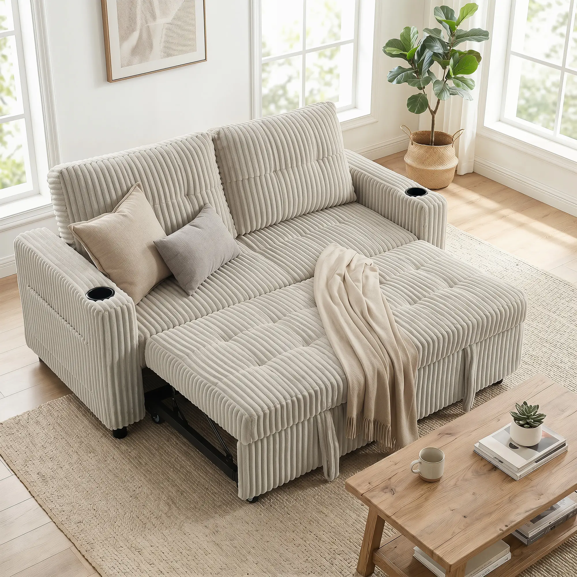 2 Seater Corduroy Sofa Bed 157 x 90 x 91cm - Cream White - 2