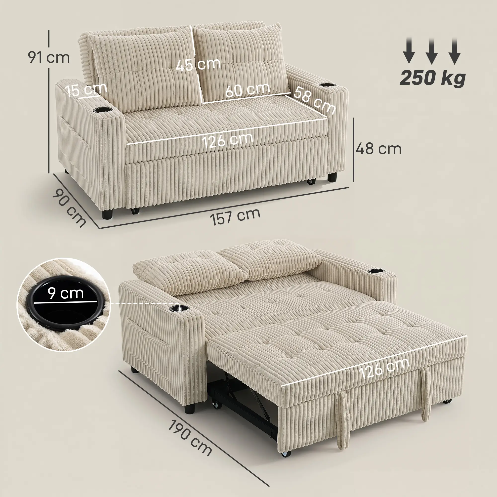 2 Seater Corduroy Sofa Bed 157 x 90 x 91cm - Cream White - 3