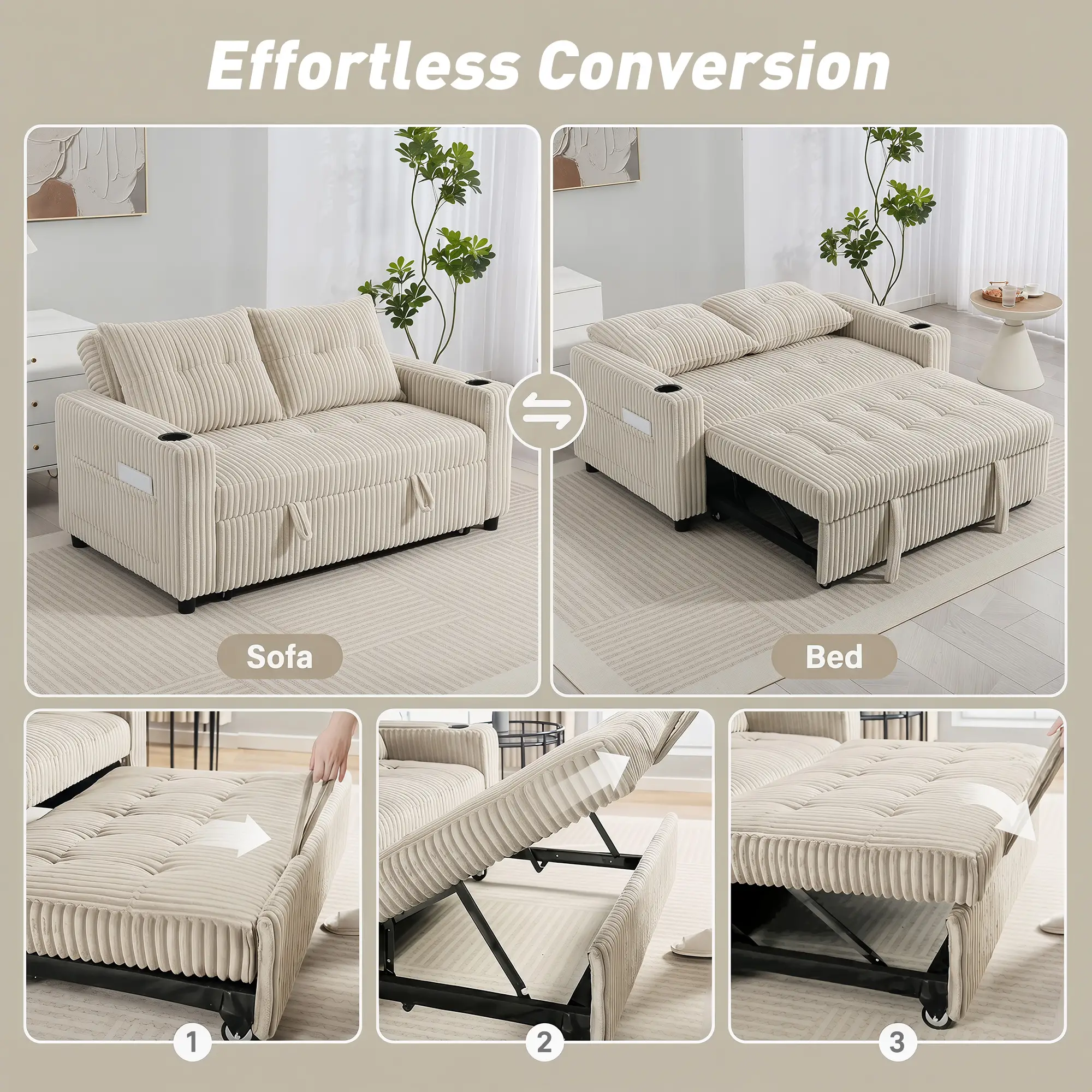 2 Seater Corduroy Sofa Bed 157 x 90 x 91cm - Cream White - 4