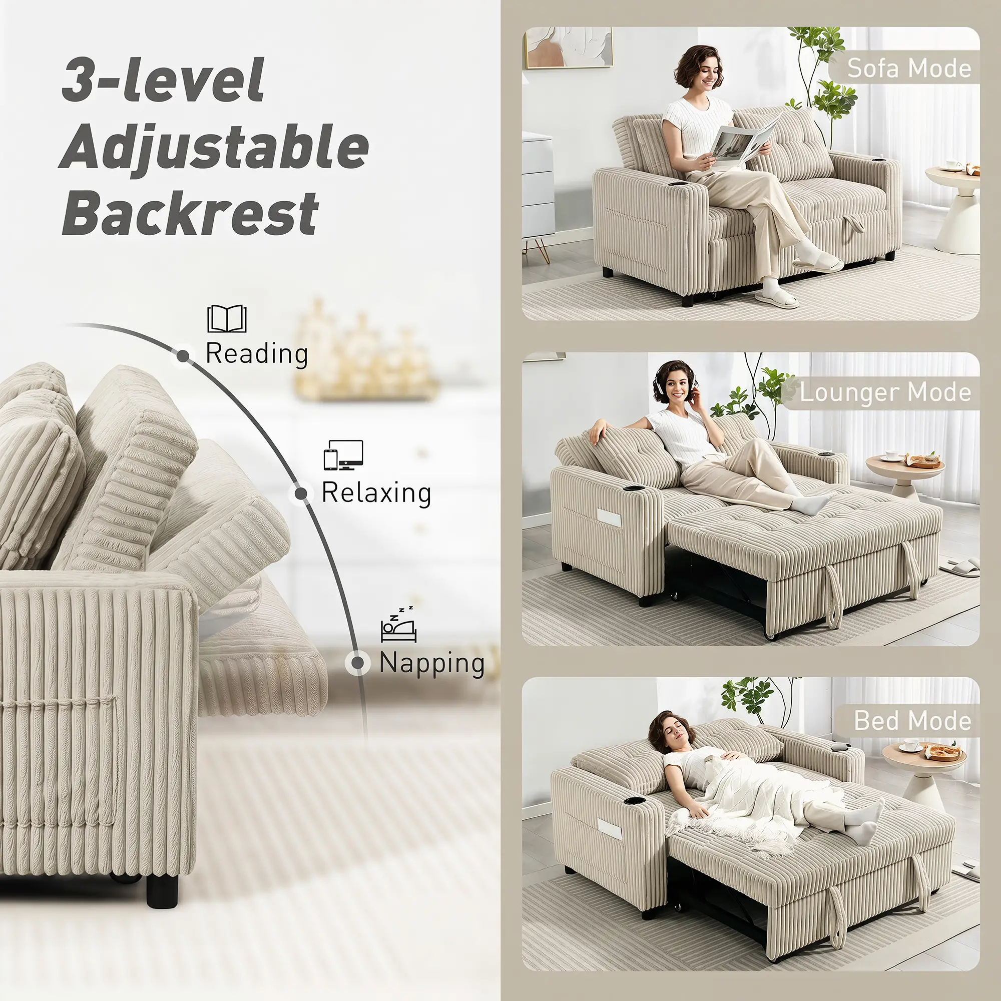 2 Seater Corduroy Sofa Bed 157 x 90 x 91cm - Cream White - 5
