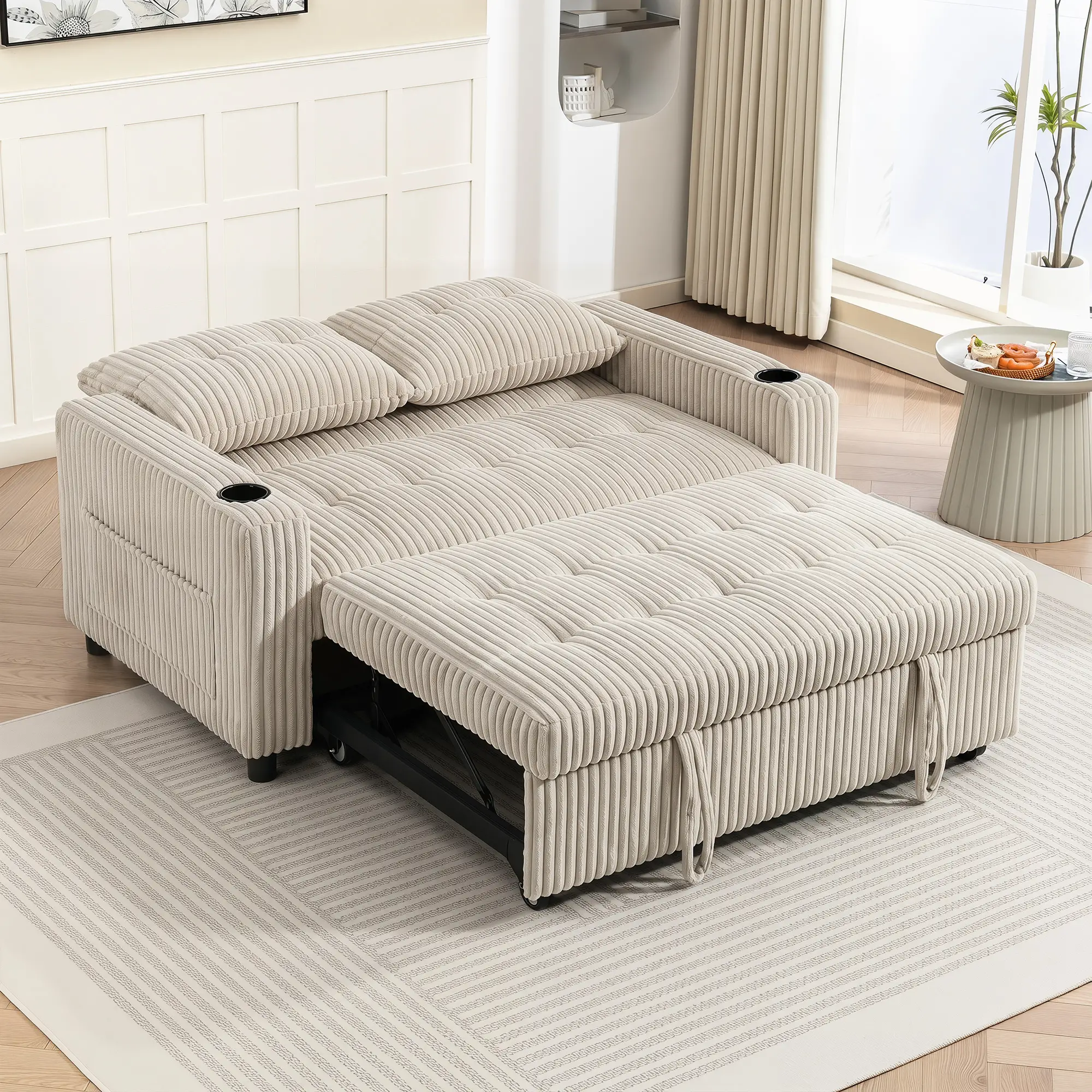 2 Seater Corduroy Sofa Bed 157 x 90 x 91cm - Cream White - 8