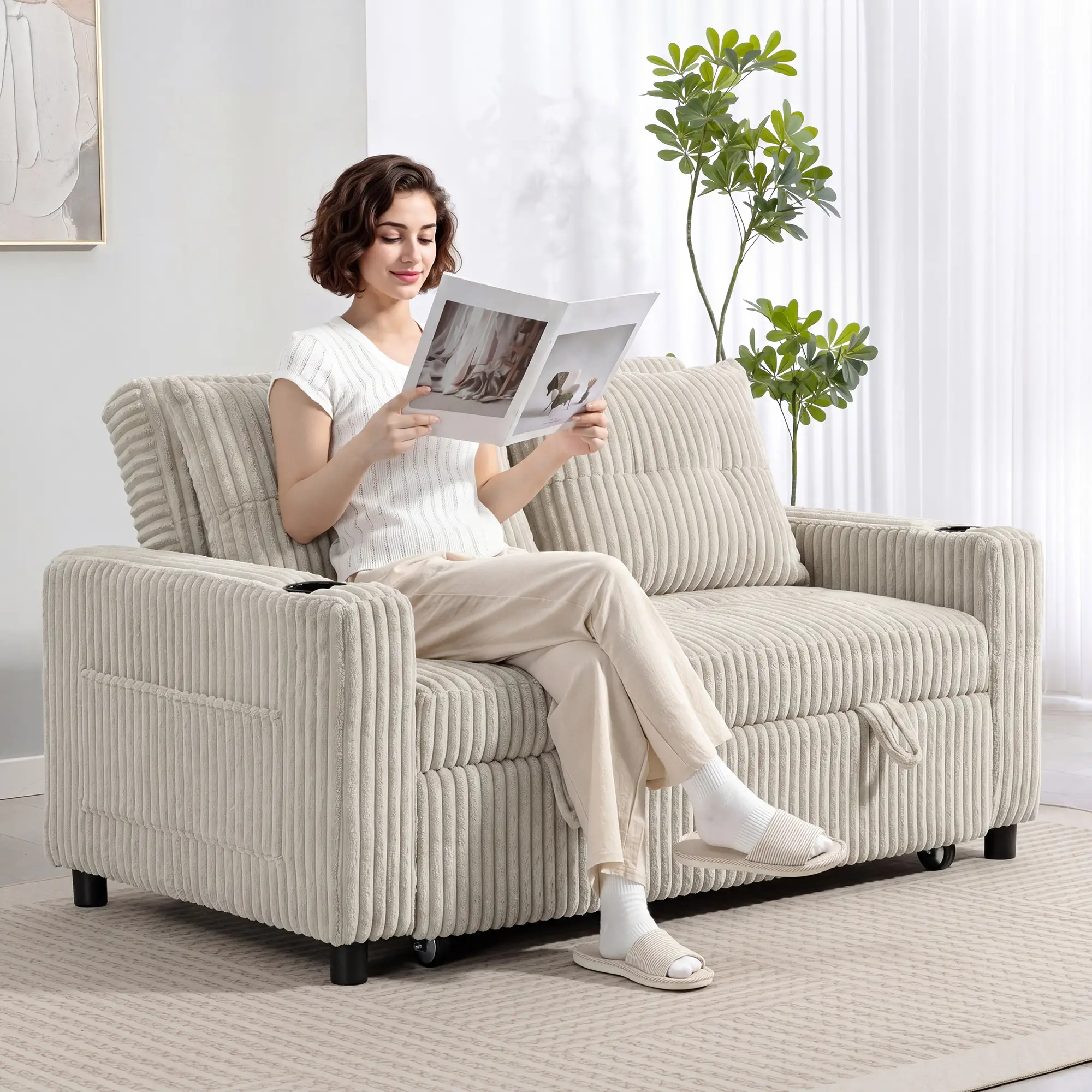 2 Seater Corduroy Sofa Bed 157 x 90 x 91cm - Cream White - 14