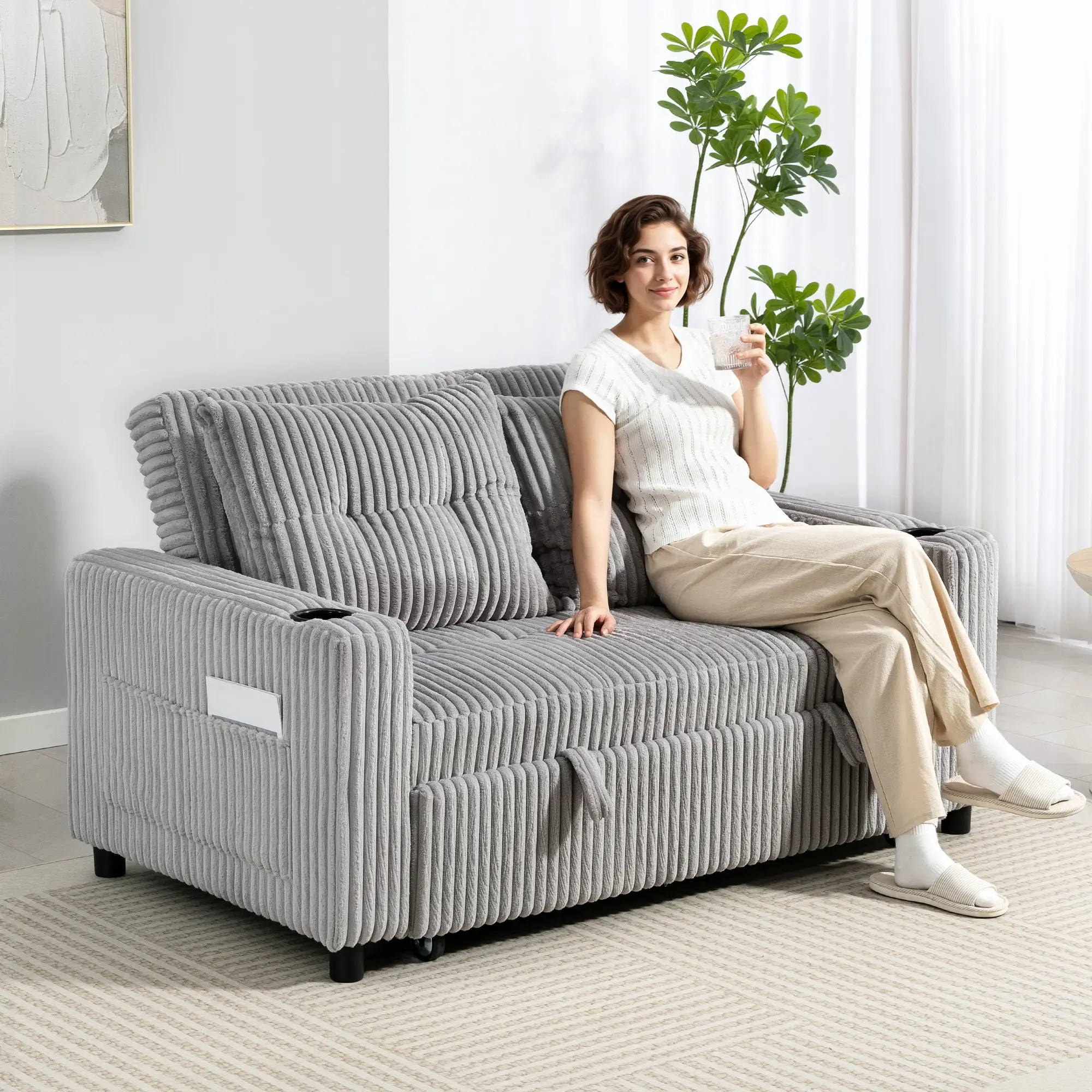 2 Seater Corduroy Sofa Bed 157 x 90 x 91cm - Light Grey - 2