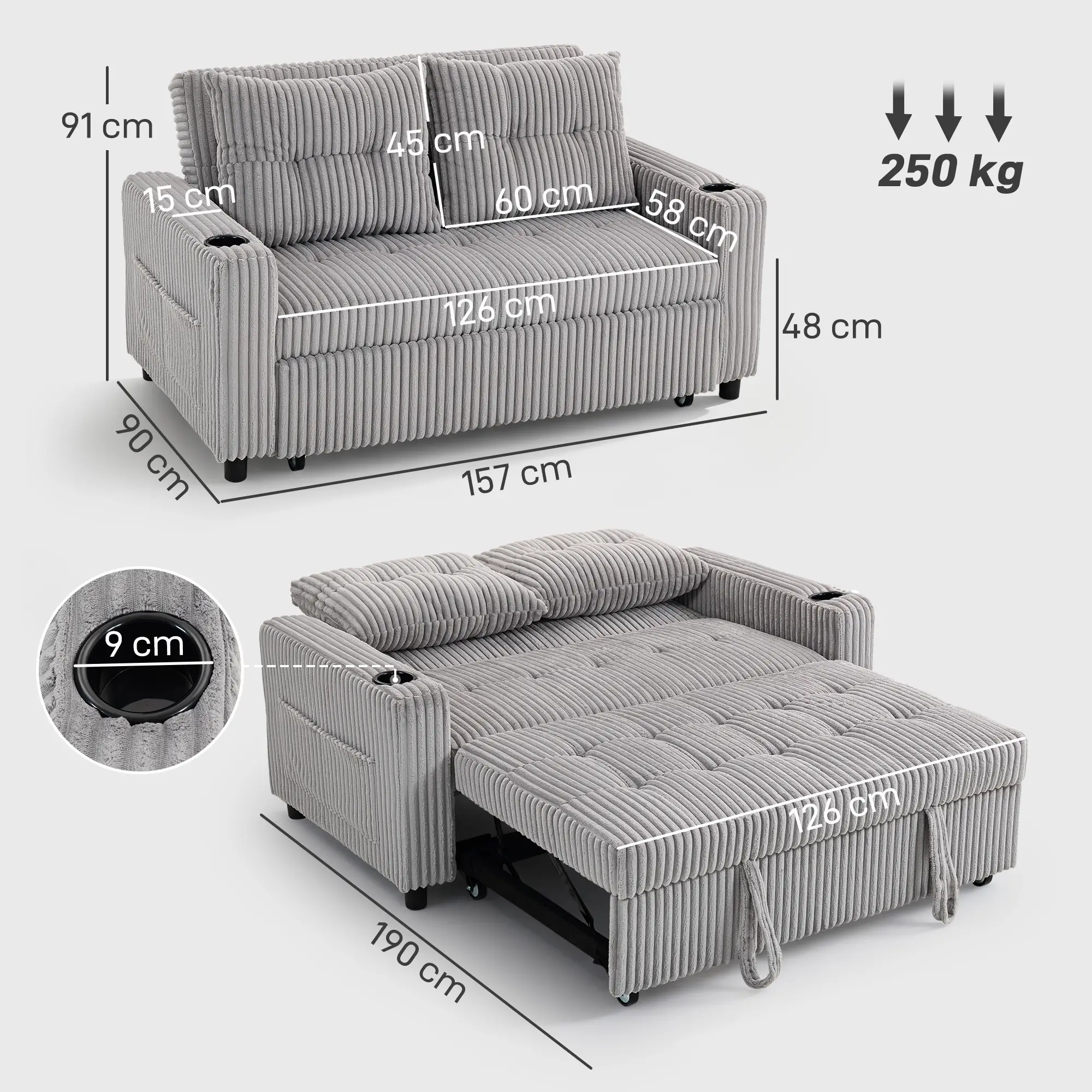 2 Seater Corduroy Sofa Bed 157 x 90 x 91cm - Light Grey - 3