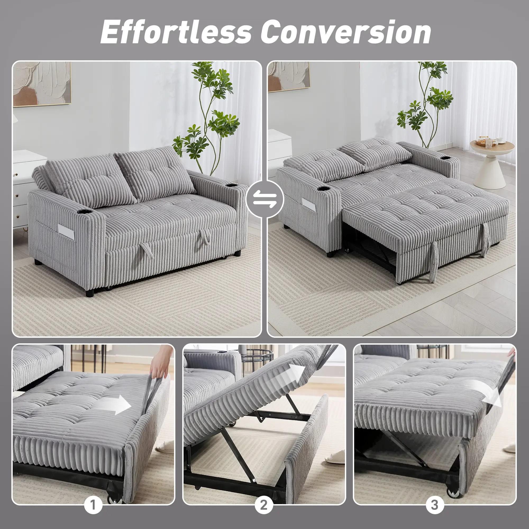 2 Seater Corduroy Sofa Bed 157 x 90 x 91cm - Light Grey - 4
