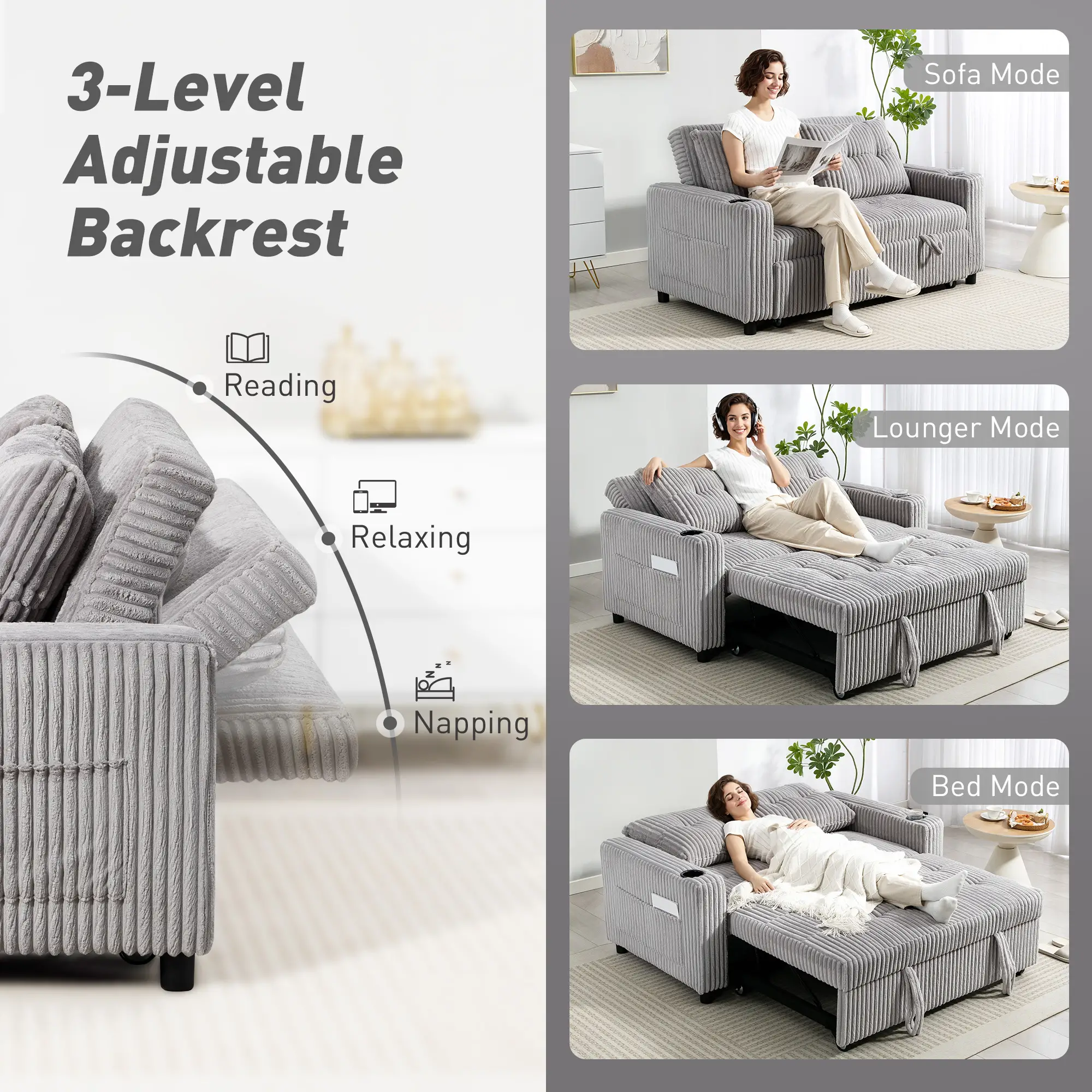 2 Seater Corduroy Sofa Bed 157 x 90 x 91cm - Light Grey - 5