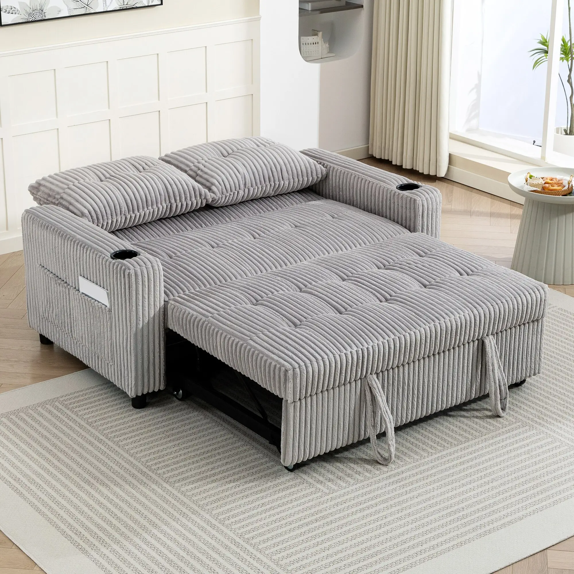 2 Seater Corduroy Sofa Bed 157 x 90 x 91cm - Light Grey - 10
