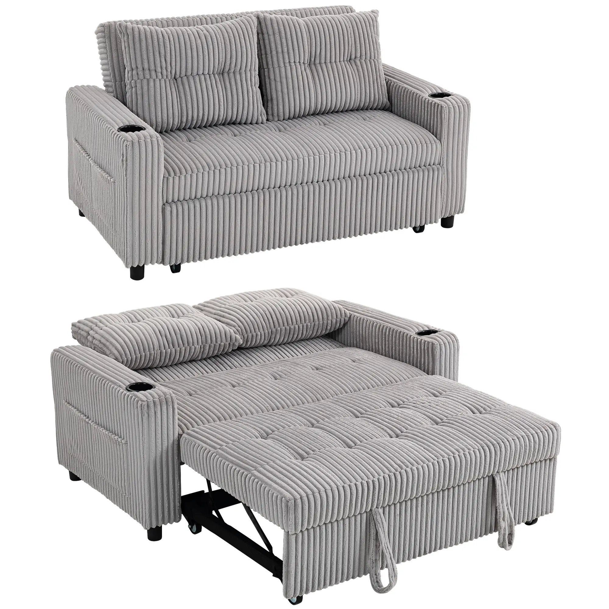 2 Seater Corduroy Sofa Bed 157 x 90 x 91cm - Light Grey - 11