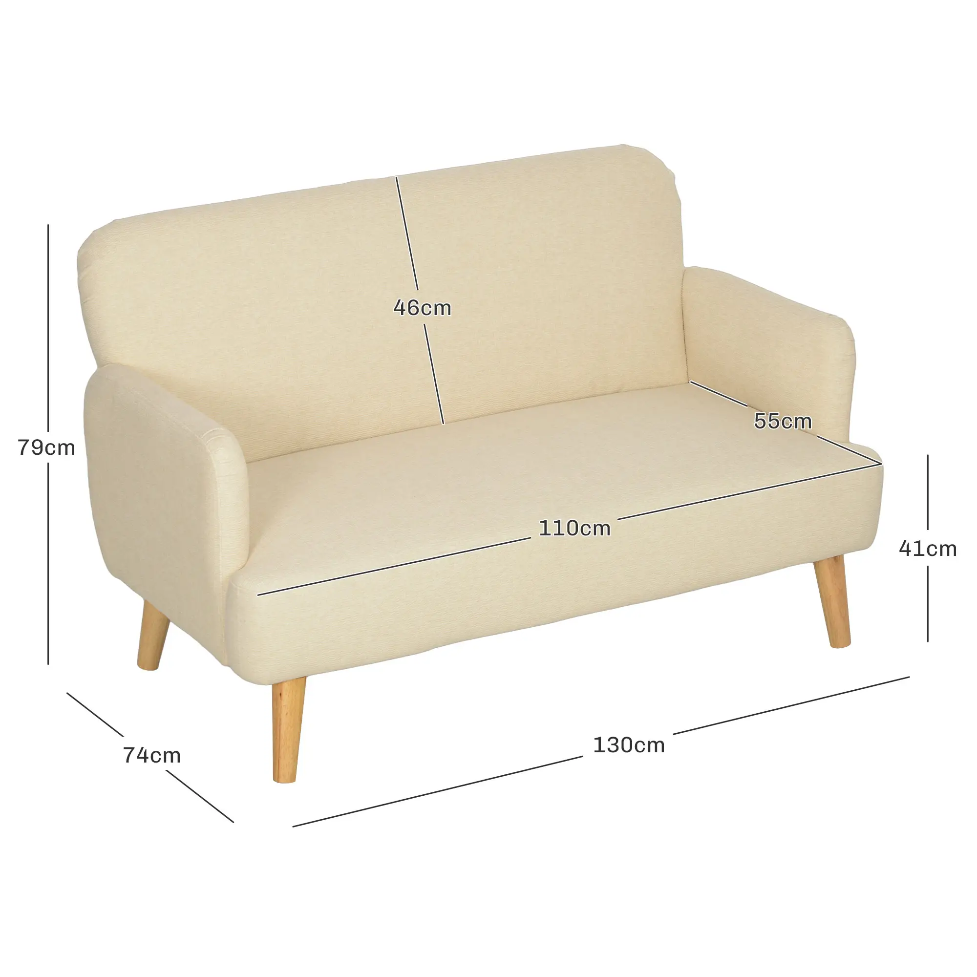2 Seater Velvet Sofa 130 x 74 x 79cm - Cream White - 3