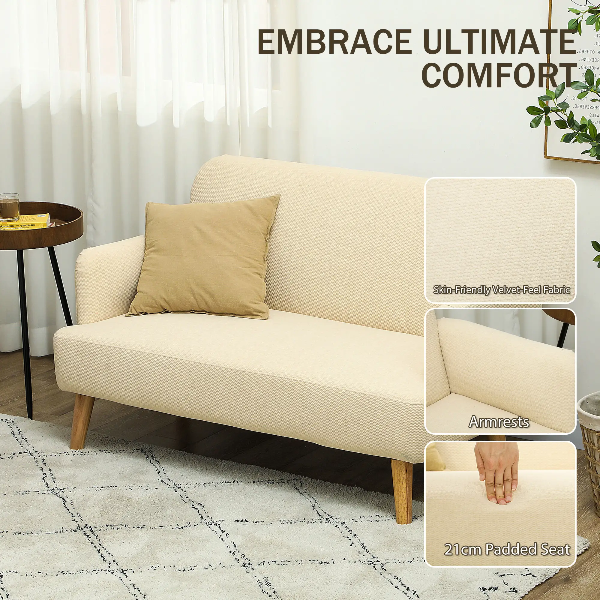 2 Seater Velvet Sofa 130 x 74 x 79cm - Cream White - 4