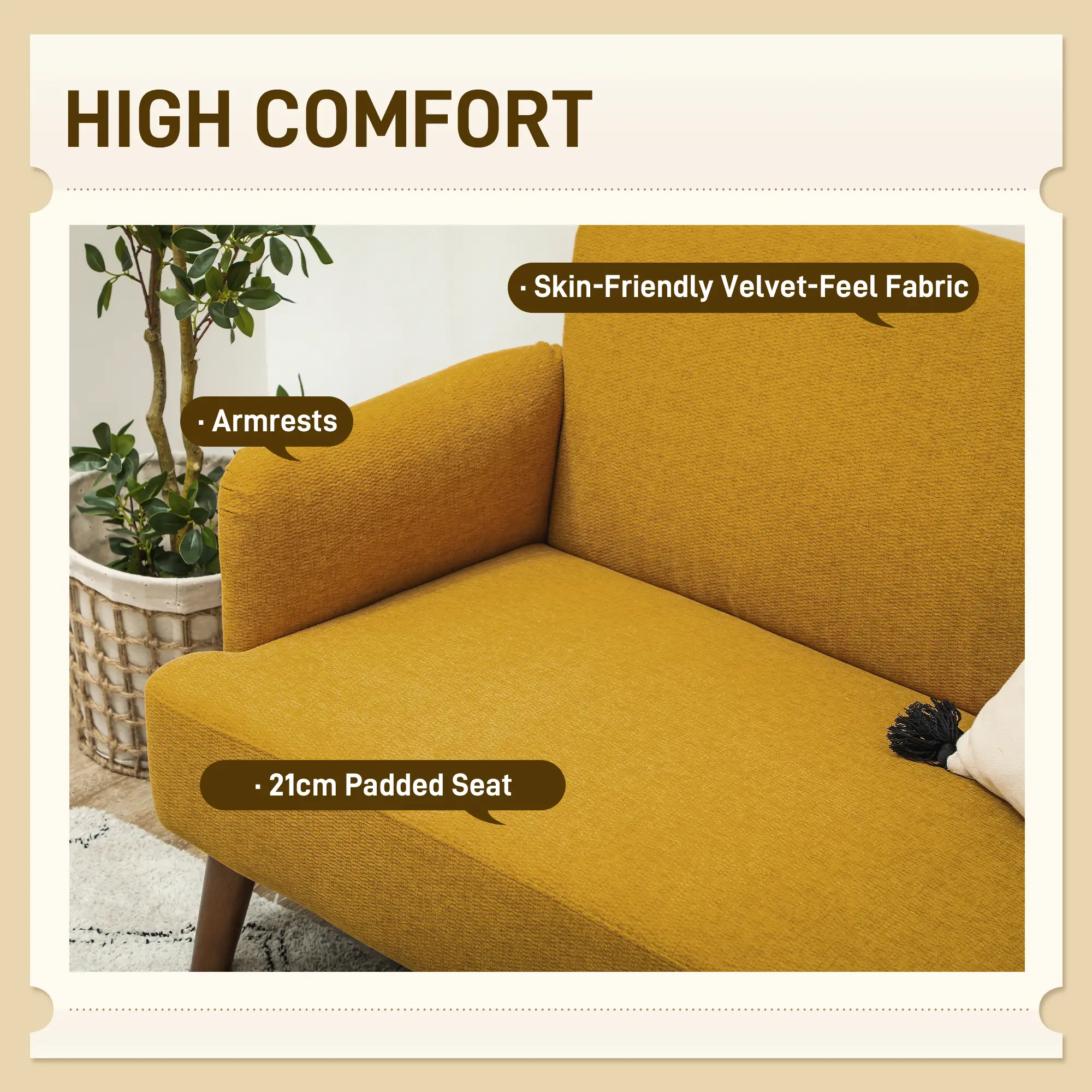 2 Seater Velvet Sofa 130 x 74 x 79cm - Yellow - 4