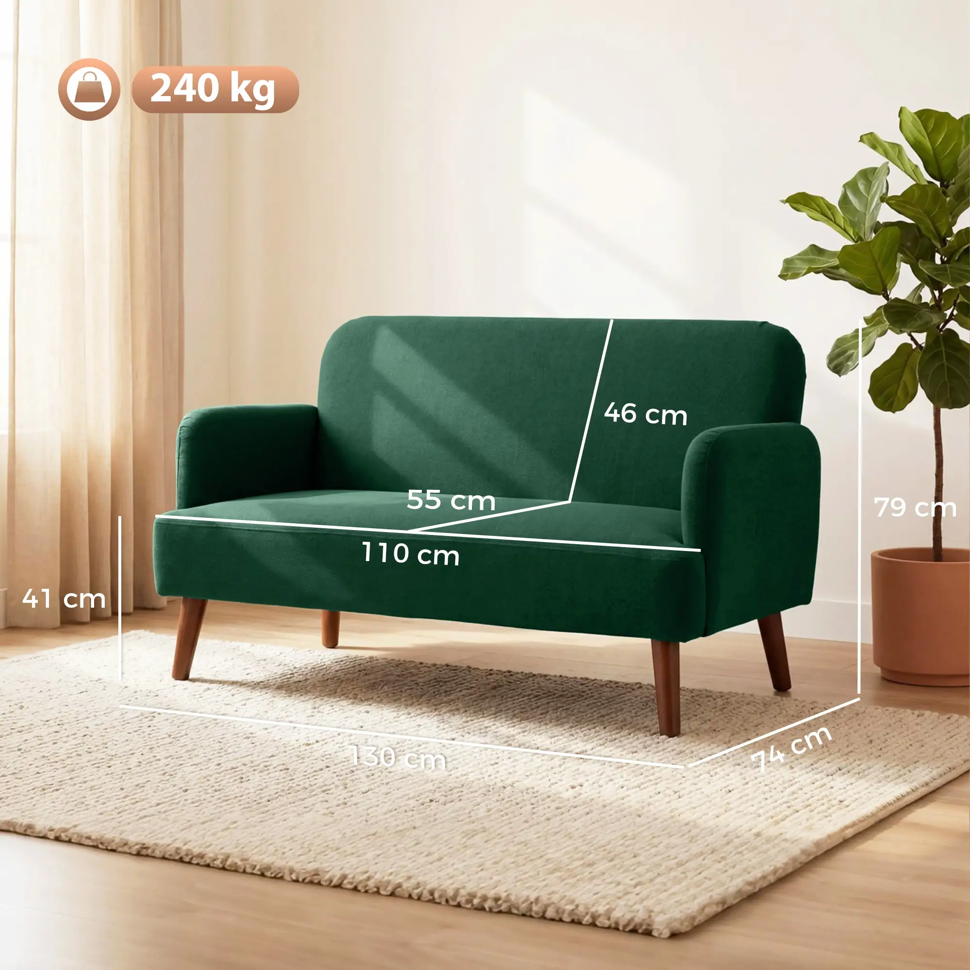 2 Seater Velvet Sofa 130 x 74 x 79cm - Dark Green, Natural Wood - 3