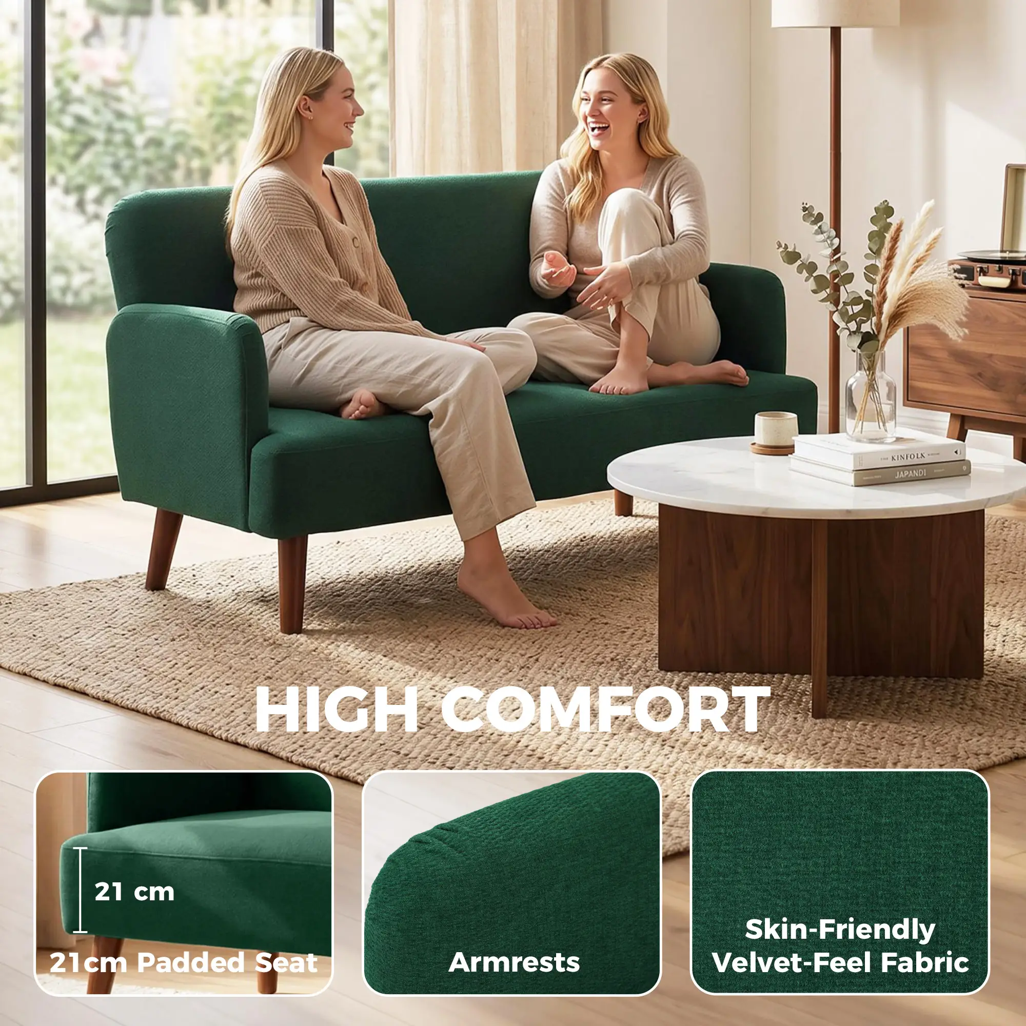 2 Seater Velvet Sofa 130 x 74 x 79cm - Dark Green, Natural Wood - 4