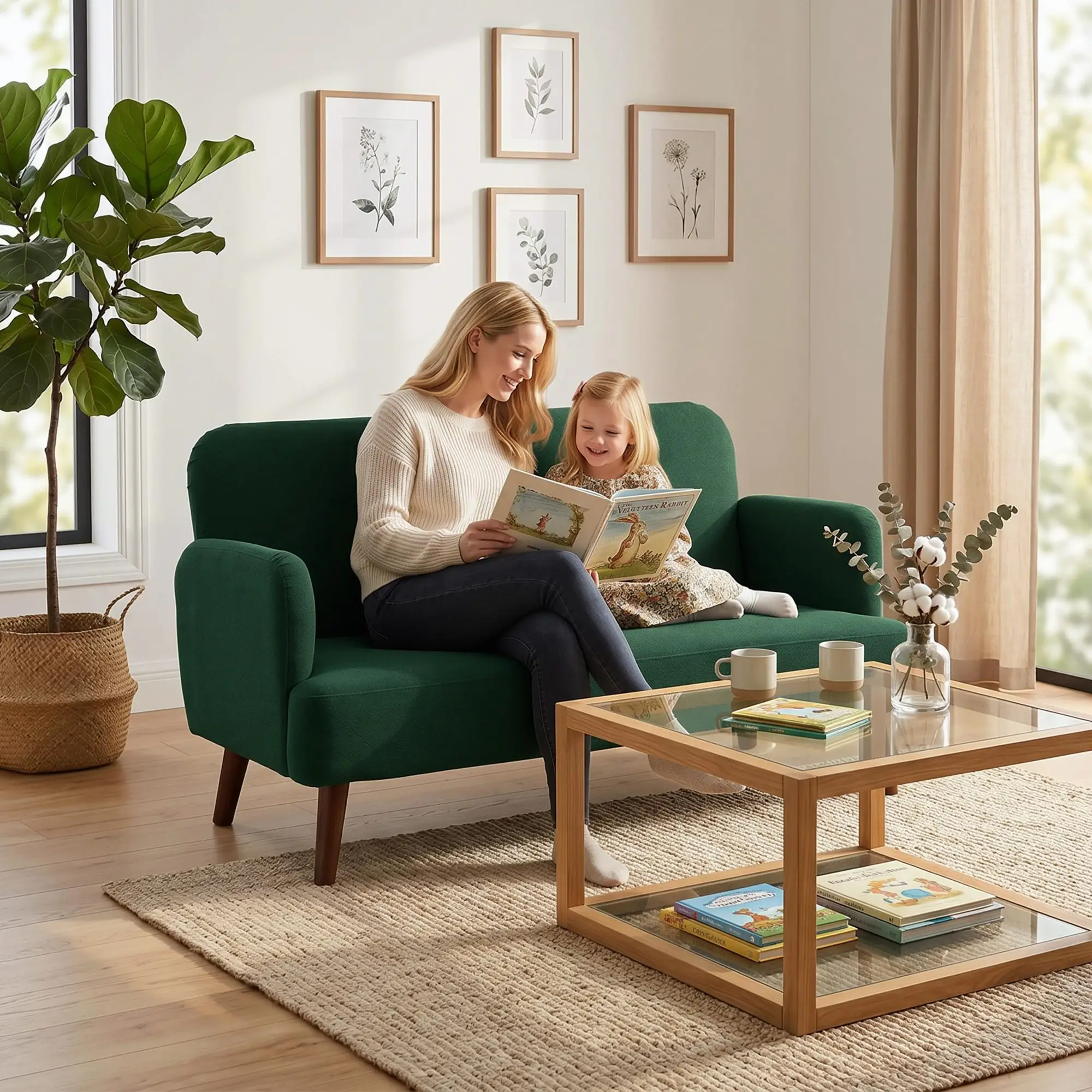 2 Seater Velvet Sofa 130 x 74 x 79cm - Dark Green, Natural Wood - 10