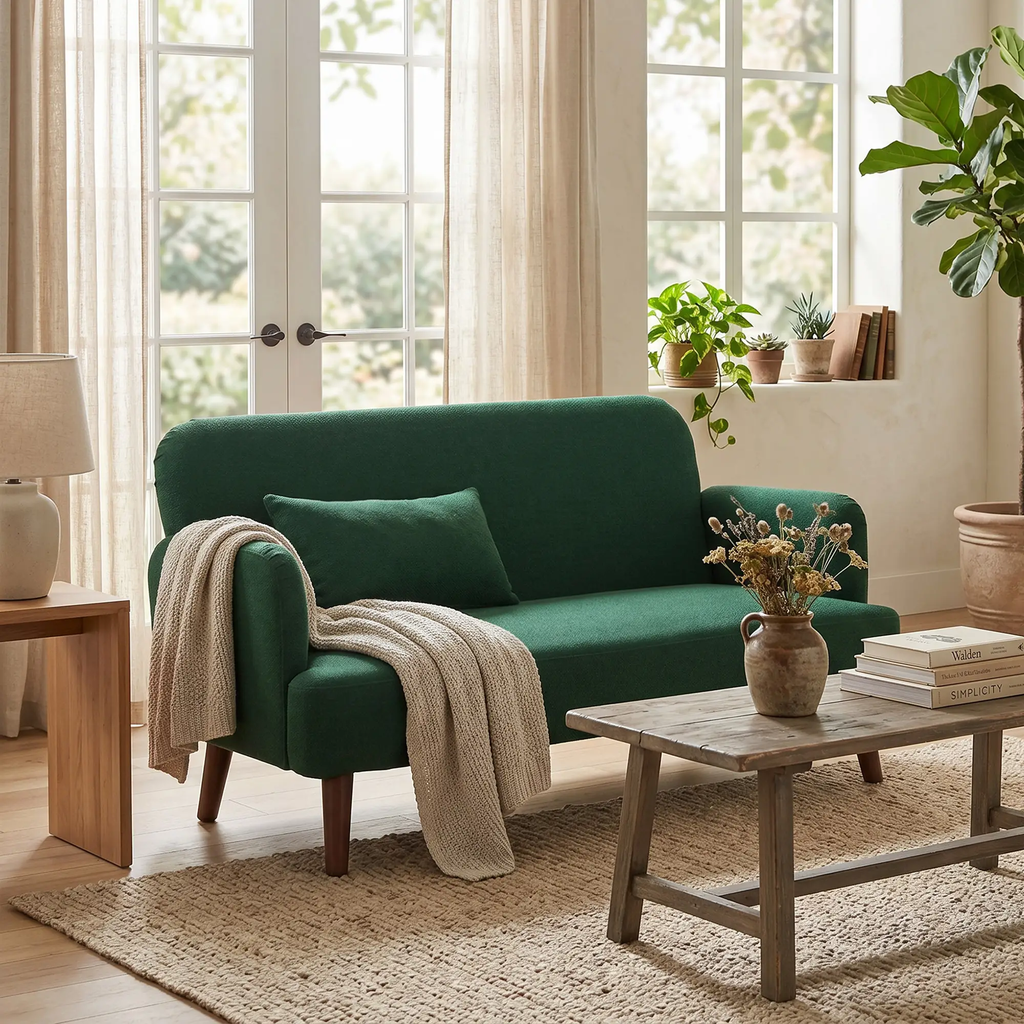 2 Seater Velvet Sofa 130 x 74 x 79cm - Dark Green, Natural Wood - 11