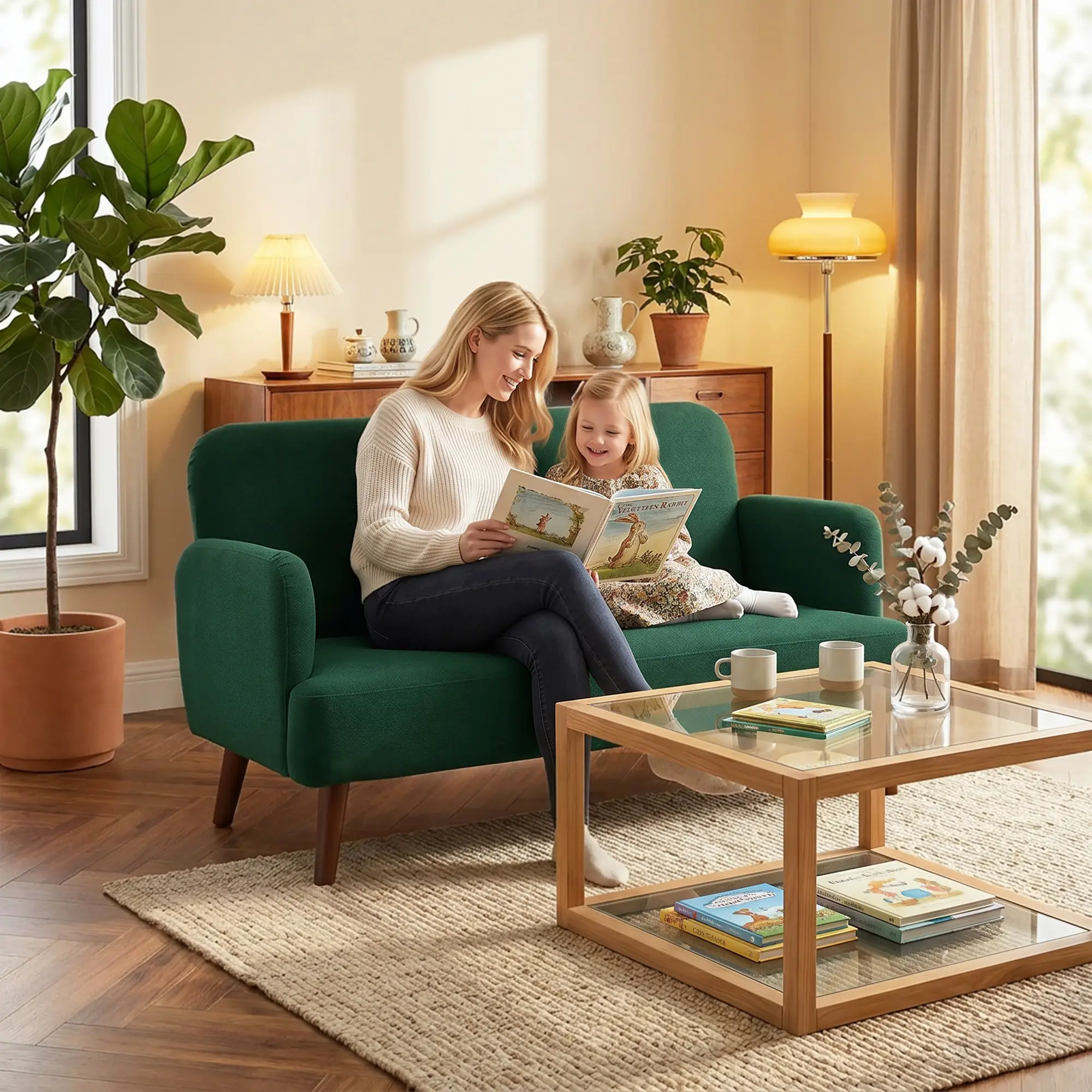 2 Seater Velvet Sofa 130 x 74 x 79cm - Dark Green, Natural Wood - 12