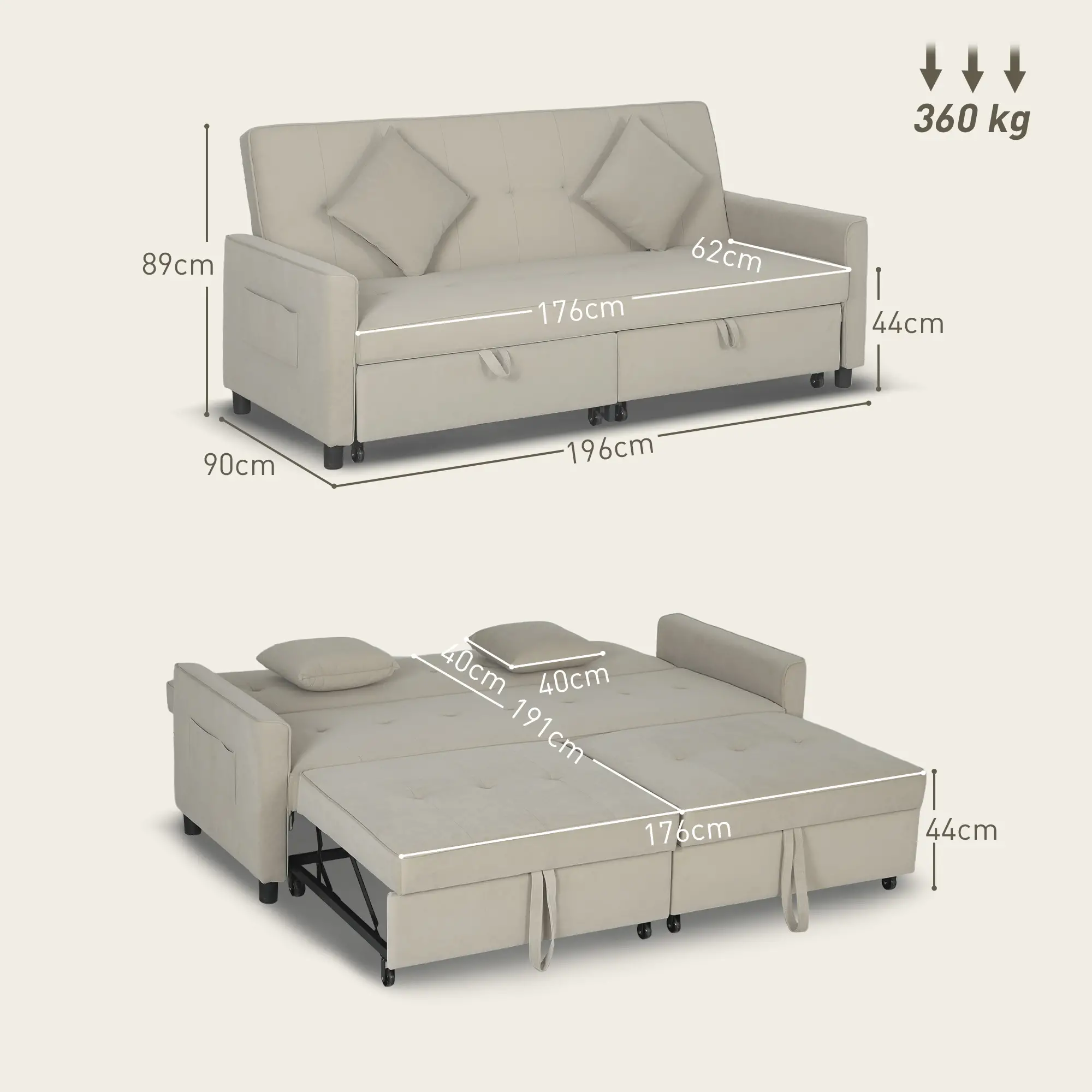 3 Seater Velvet Sofa Bed 196 x 90 x 89cm - Beige - 3