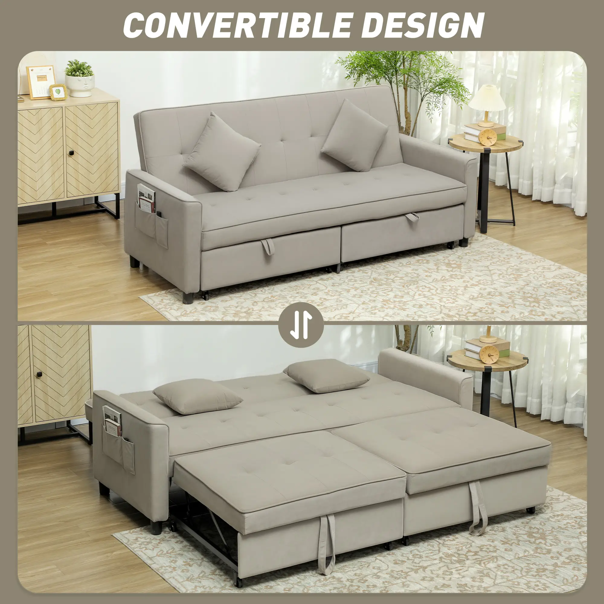 3 Seater Velvet Sofa Bed 196 x 90 x 89cm - Beige - 4