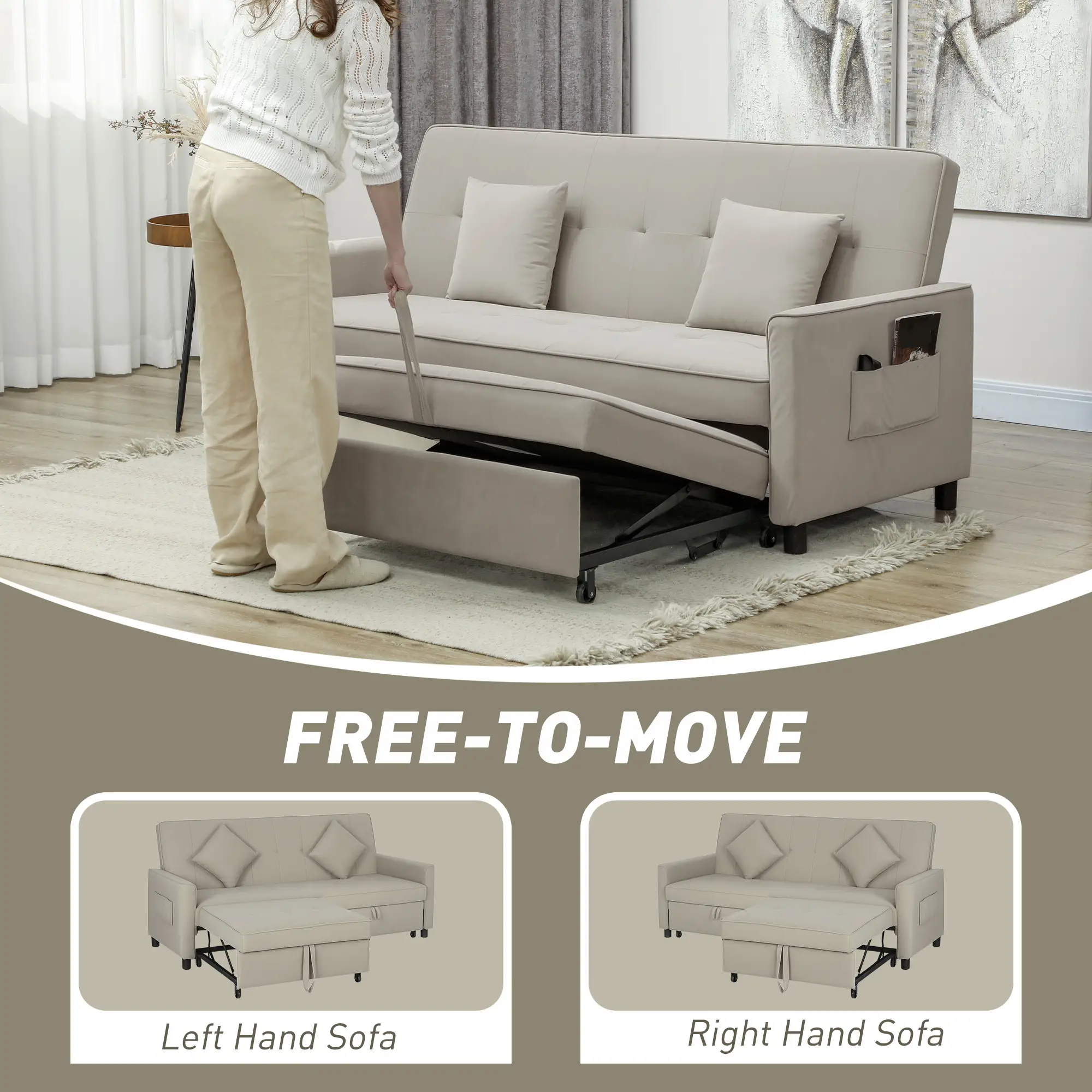 3 Seater Velvet Sofa Bed 196 x 90 x 89cm - Beige - 5