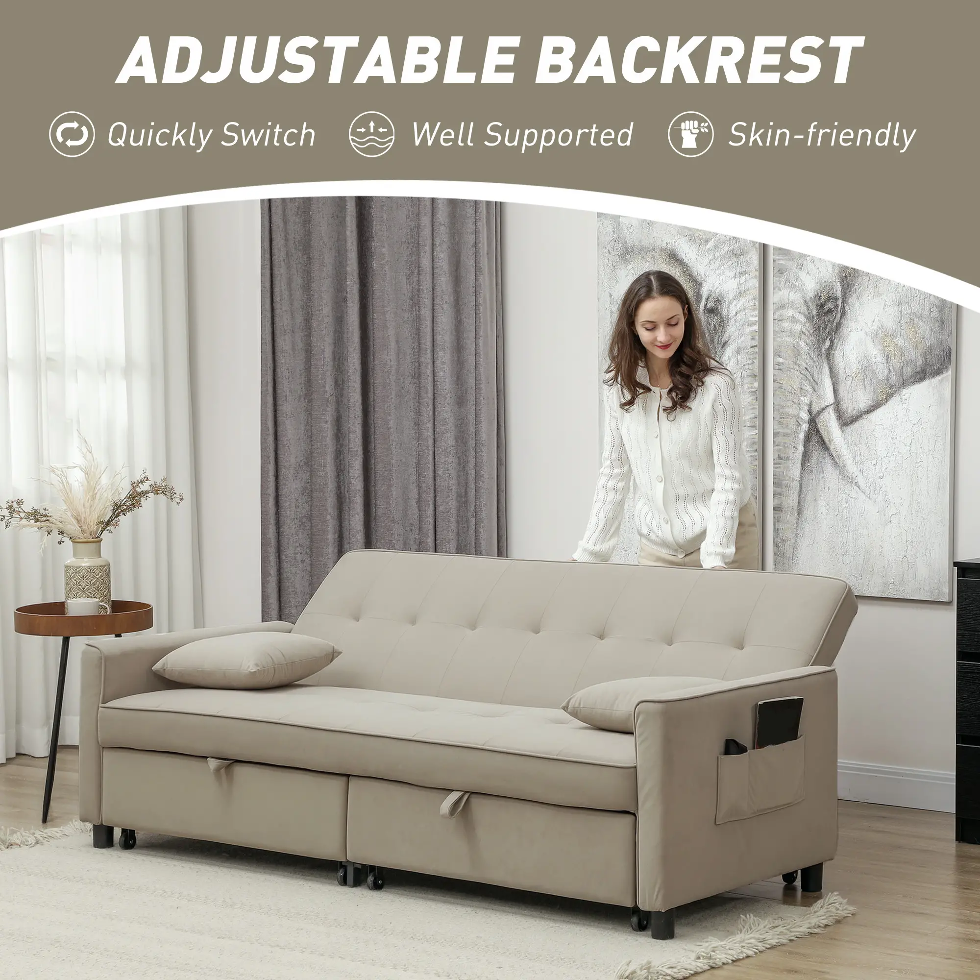 3 Seater Velvet Sofa Bed 196 x 90 x 89cm - Beige - 6