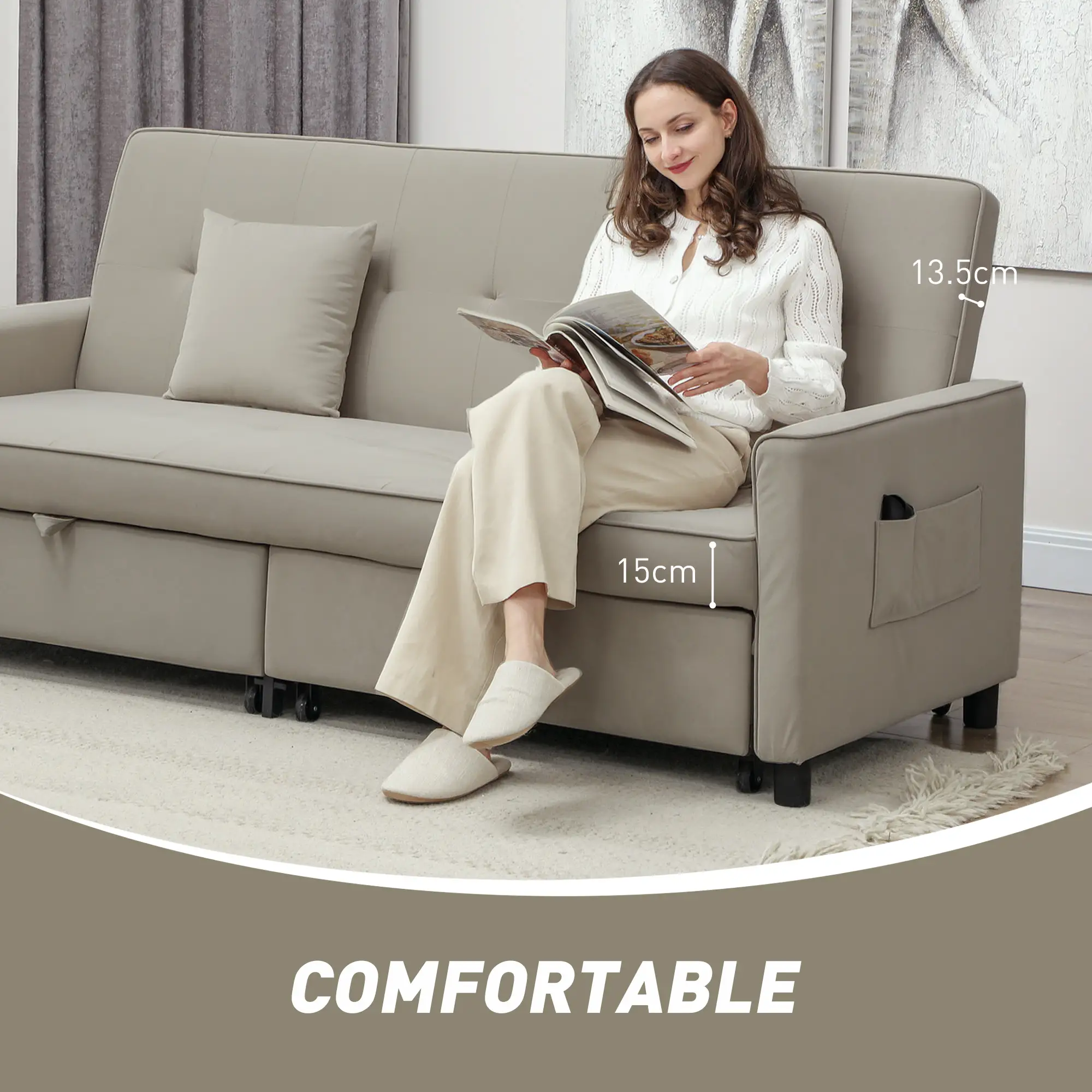 3 Seater Velvet Sofa Bed 196 x 90 x 89cm - Beige - 7