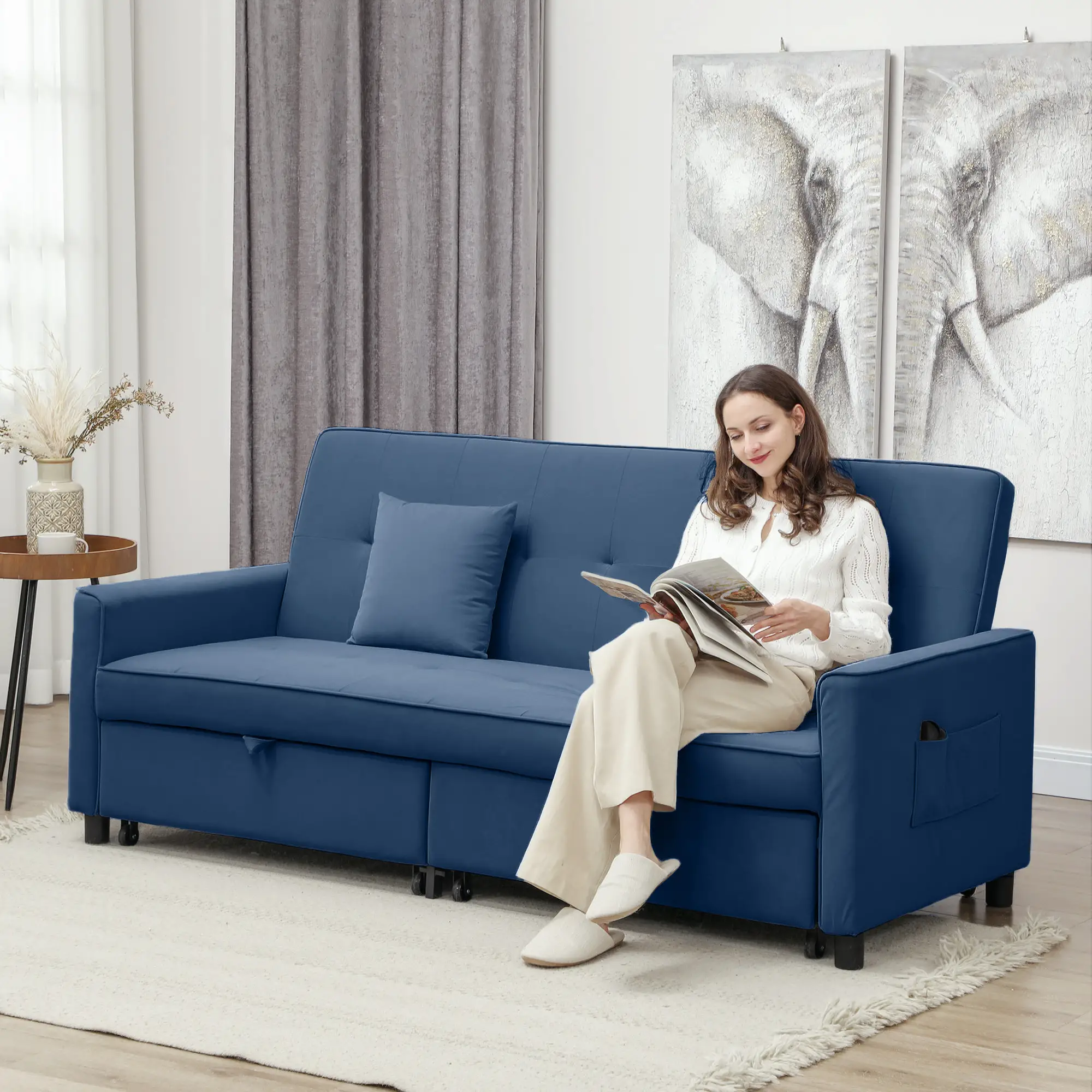 3 Seater Velvet Sofa Bed 196 x 90 x 89cm - Blue - 2