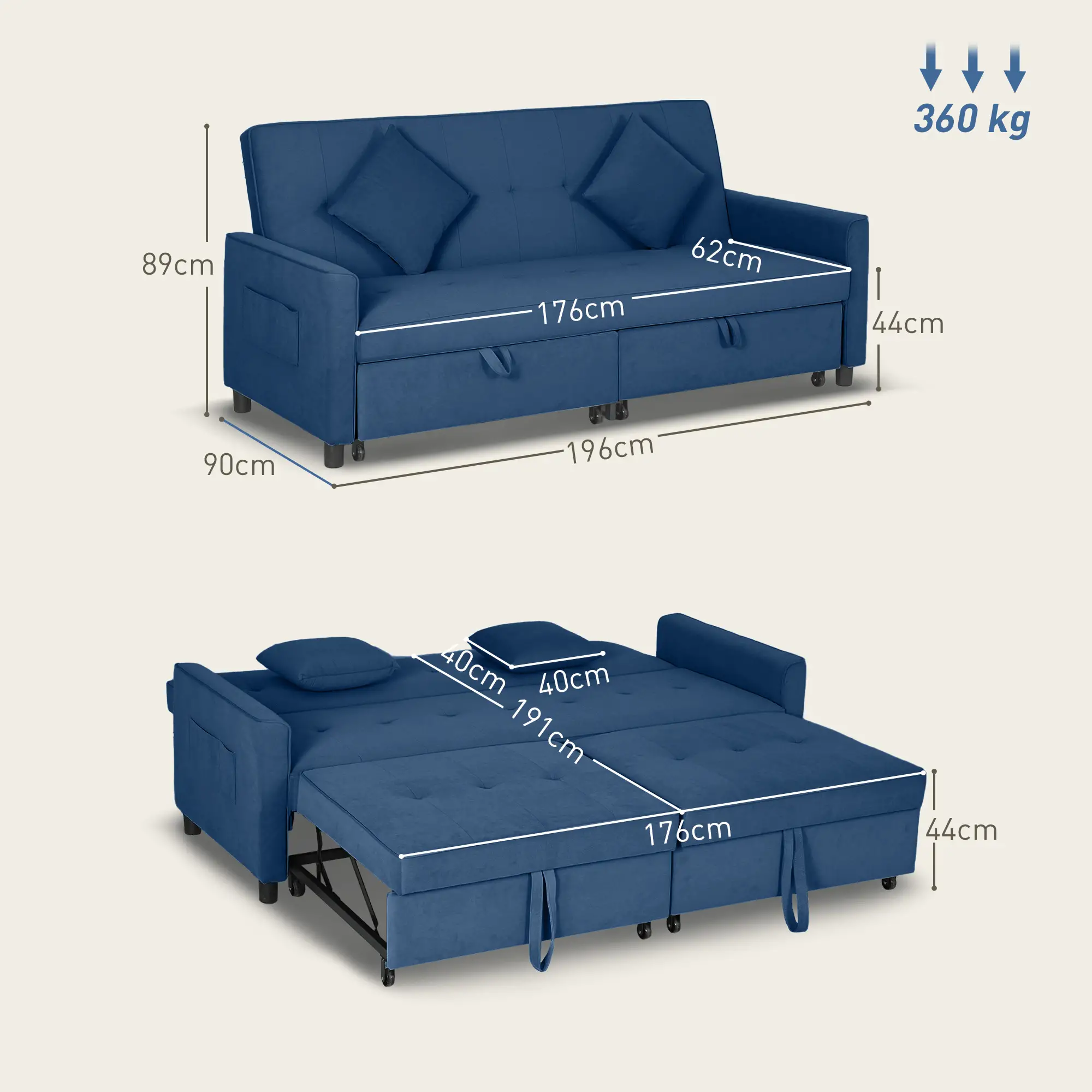 3 Seater Velvet Sofa Bed 196 x 90 x 89cm - Blue - 3