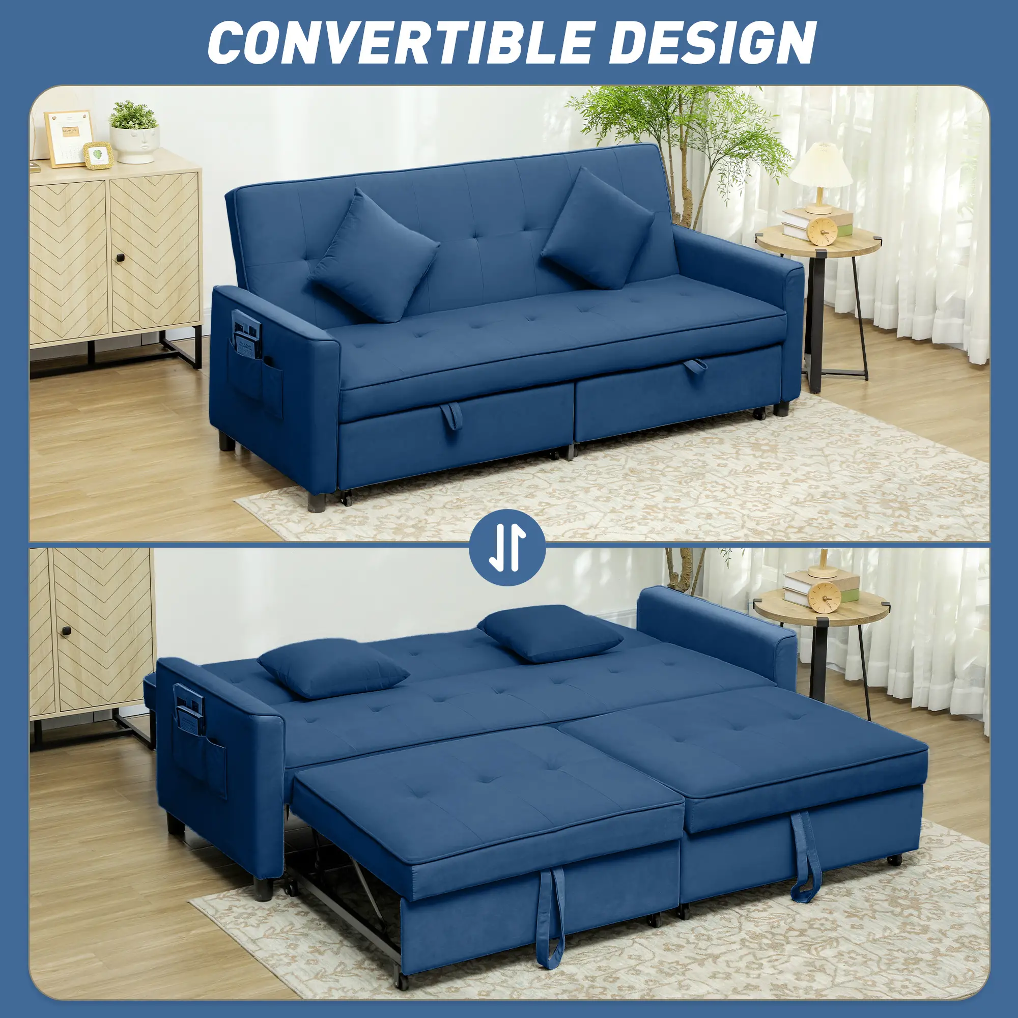 3 Seater Velvet Sofa Bed 196 x 90 x 89cm - Blue - 4