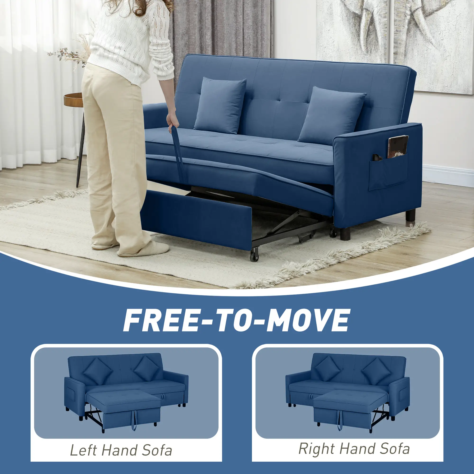 3 Seater Velvet Sofa Bed 196 x 90 x 89cm - Blue - 5