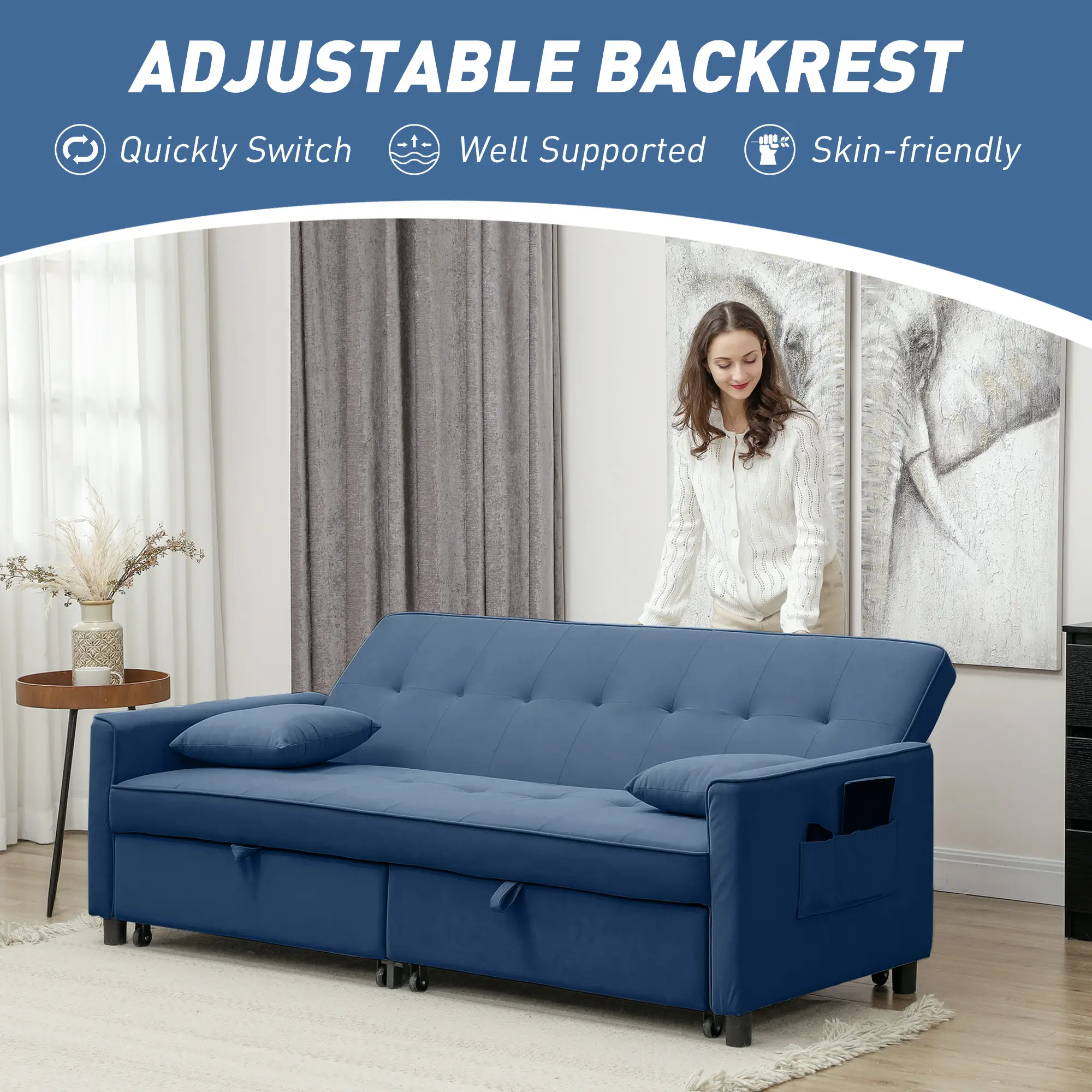 3 Seater Velvet Sofa Bed 196 x 90 x 89cm - Blue - 6