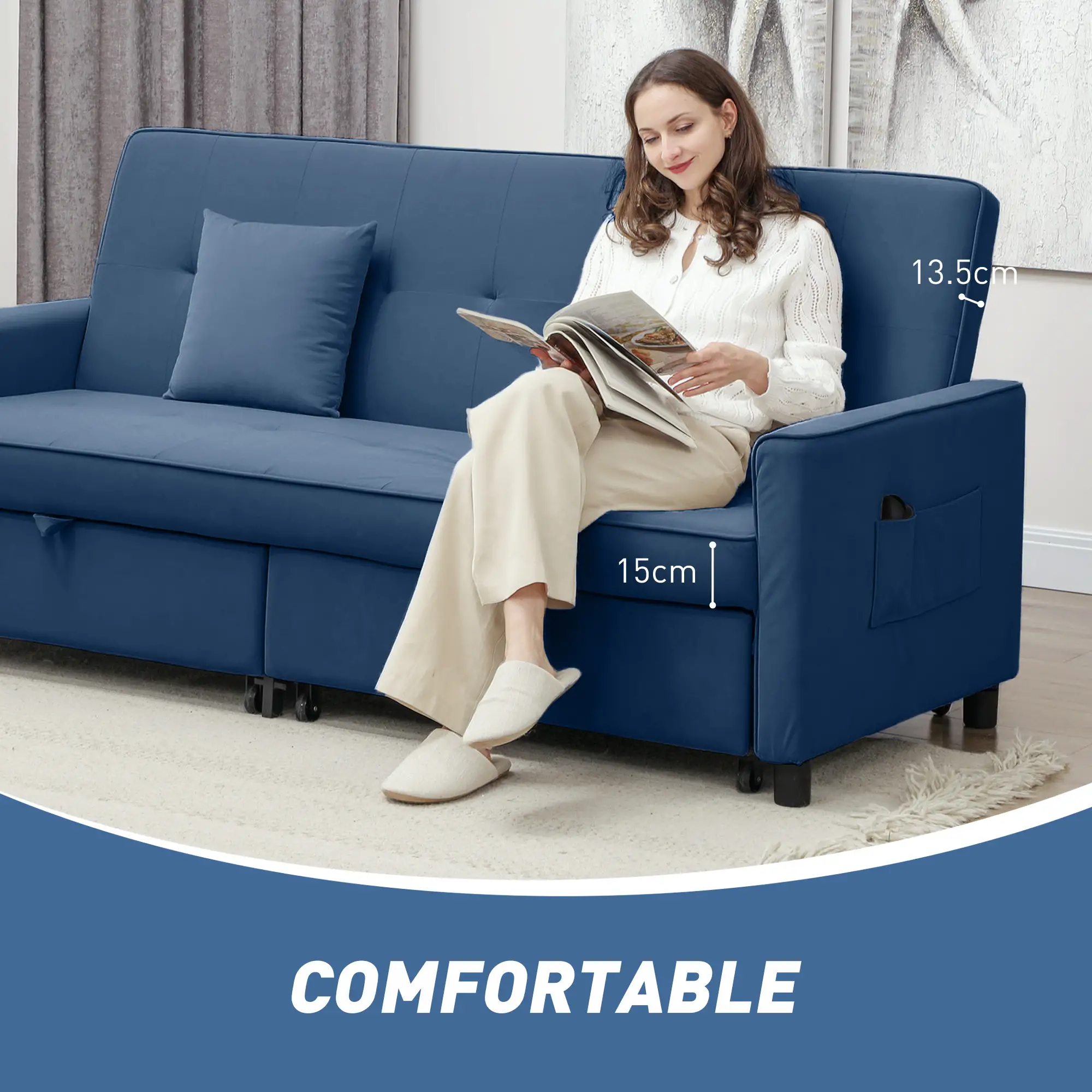 3 Seater Velvet Sofa Bed 196 x 90 x 89cm - Blue - 7