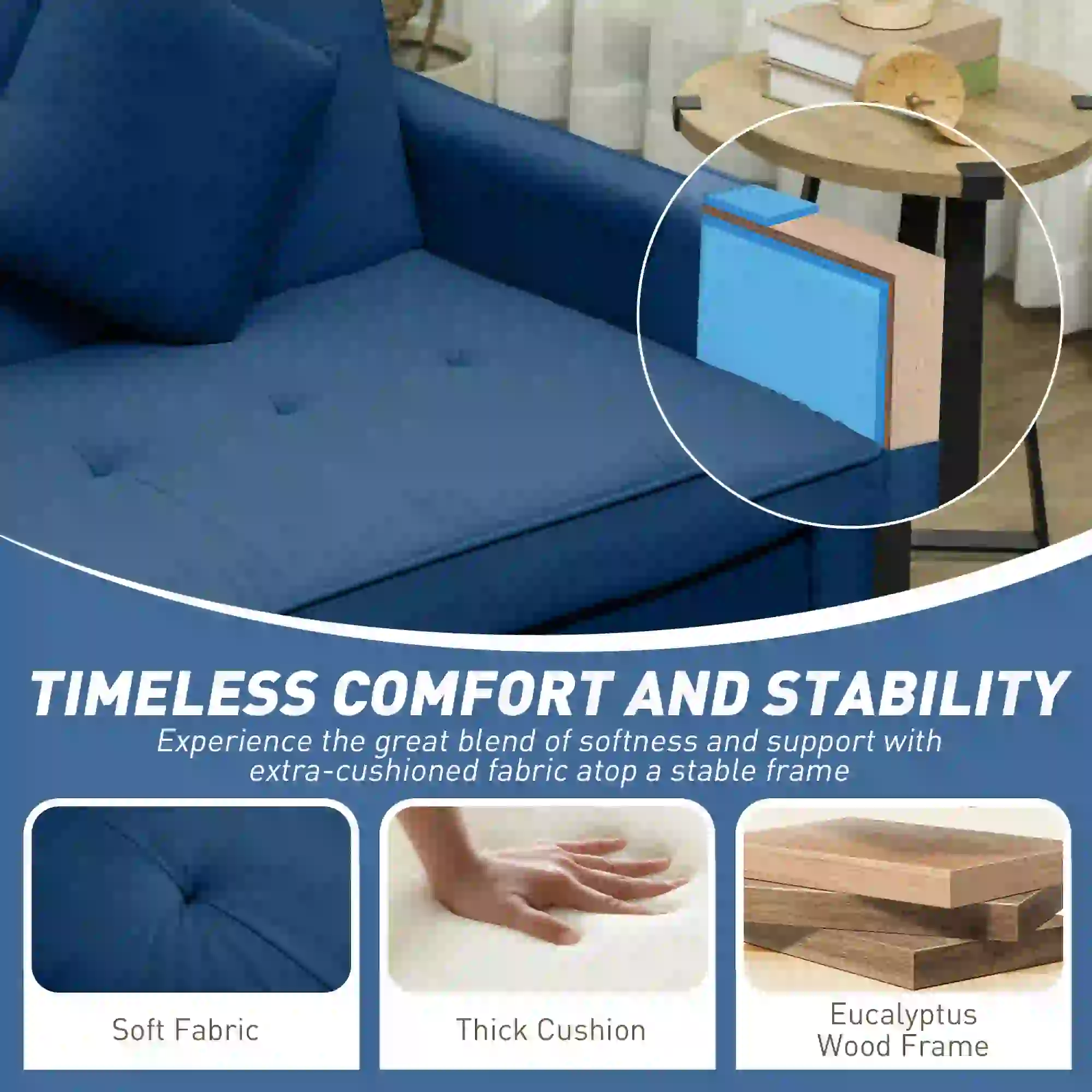 3 Seater Velvet Sofa Bed 196 x 90 x 89cm - Blue - 8