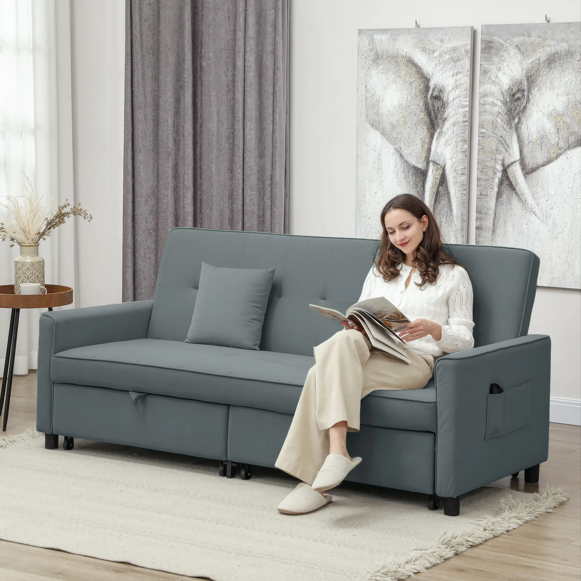 3 Seater Velvet Sofa Bed 196 x 90 x 89cm - Grey - 2