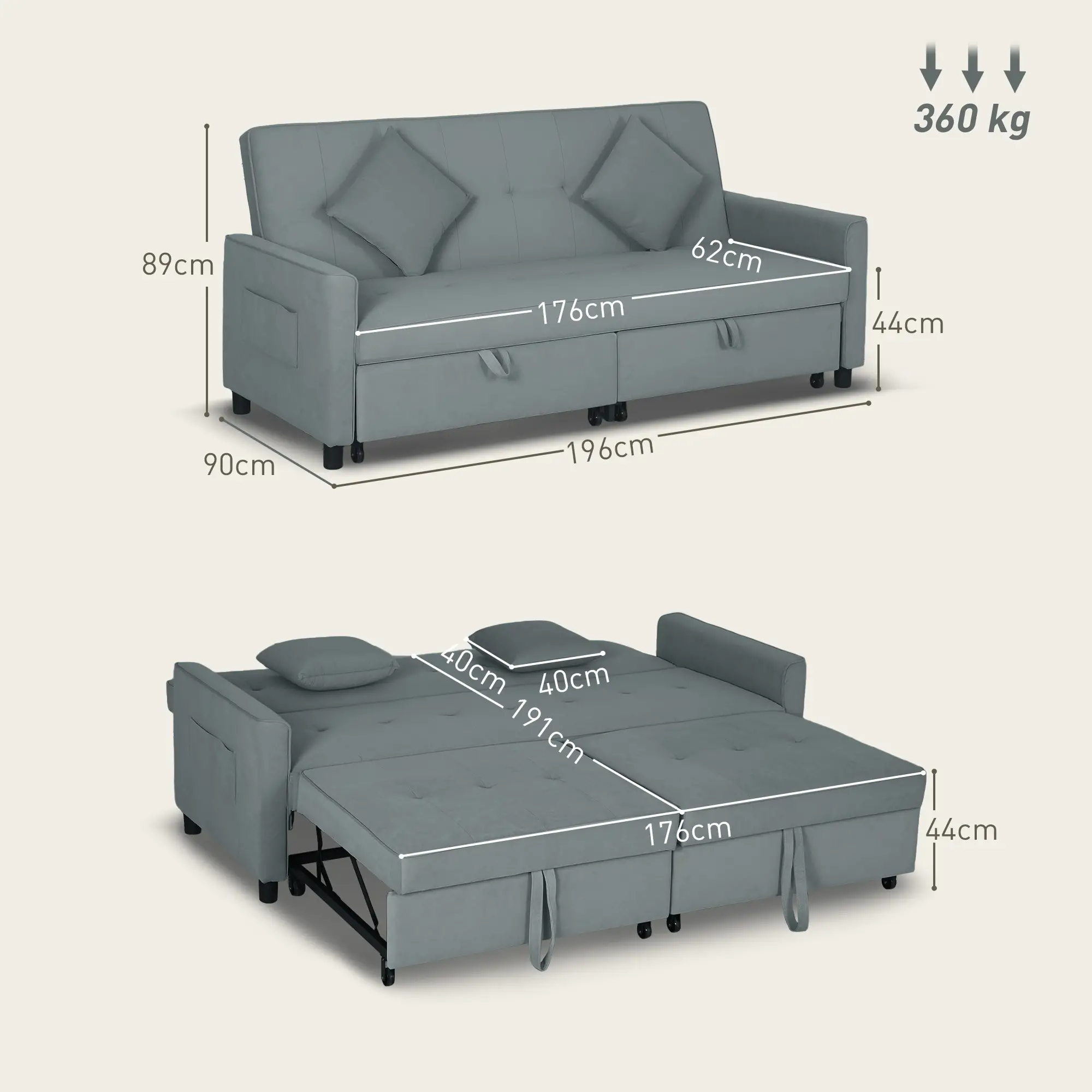 3 Seater Velvet Sofa Bed 196 x 90 x 89cm - Grey - 3
