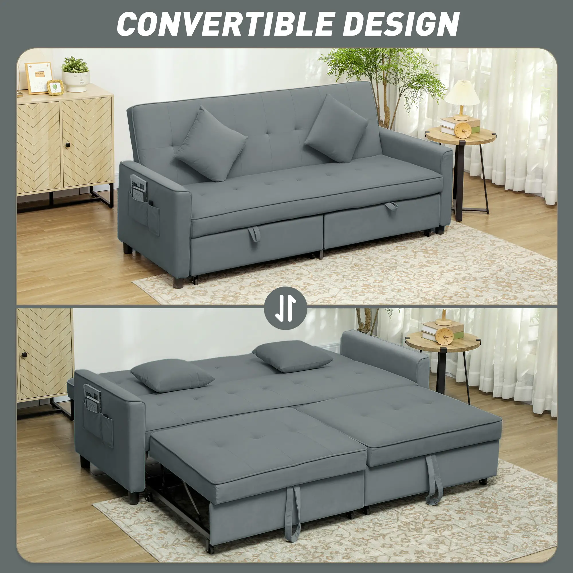 3 Seater Velvet Sofa Bed 196 x 90 x 89cm - Grey - 4