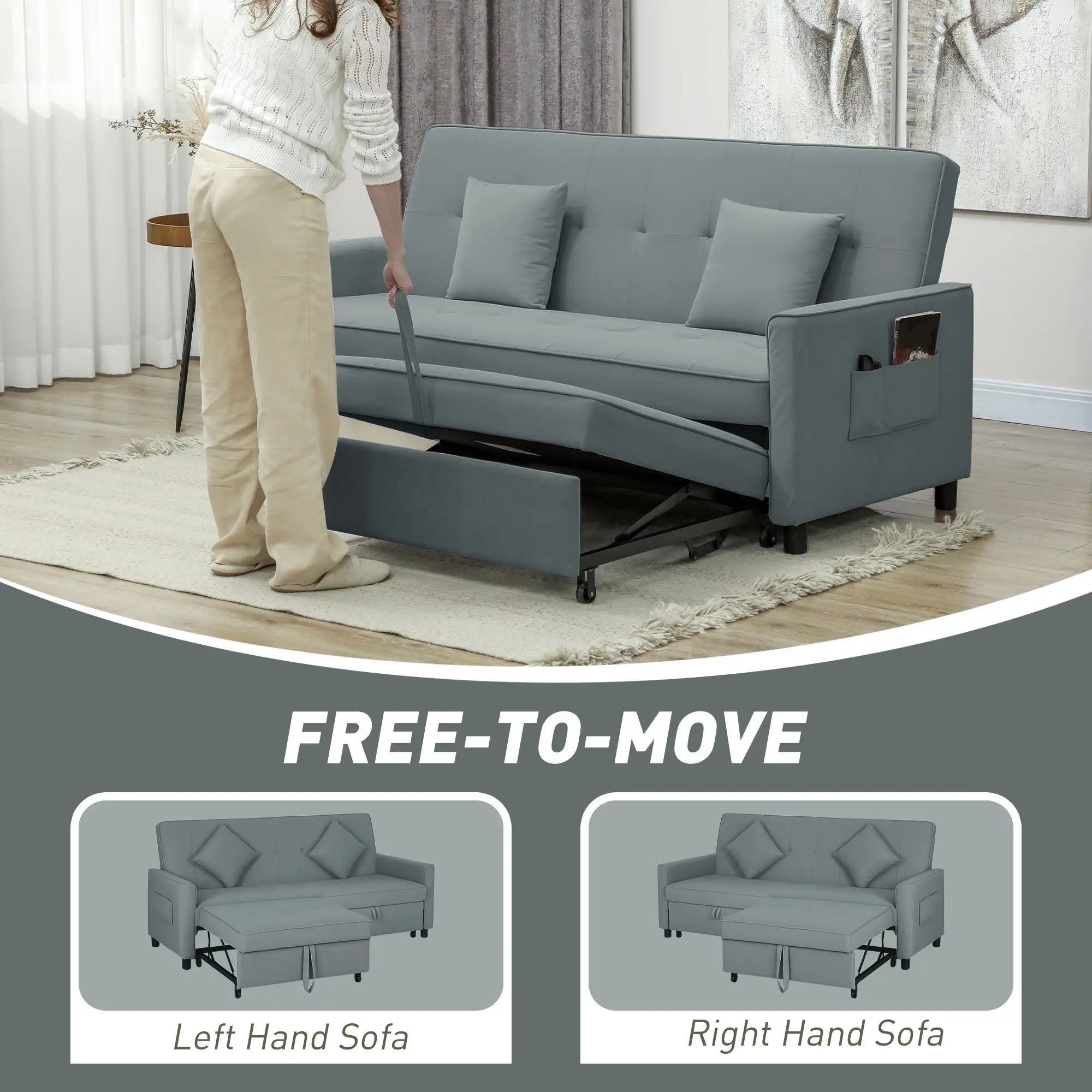 3 Seater Velvet Sofa Bed 196 x 90 x 89cm - Grey - 5