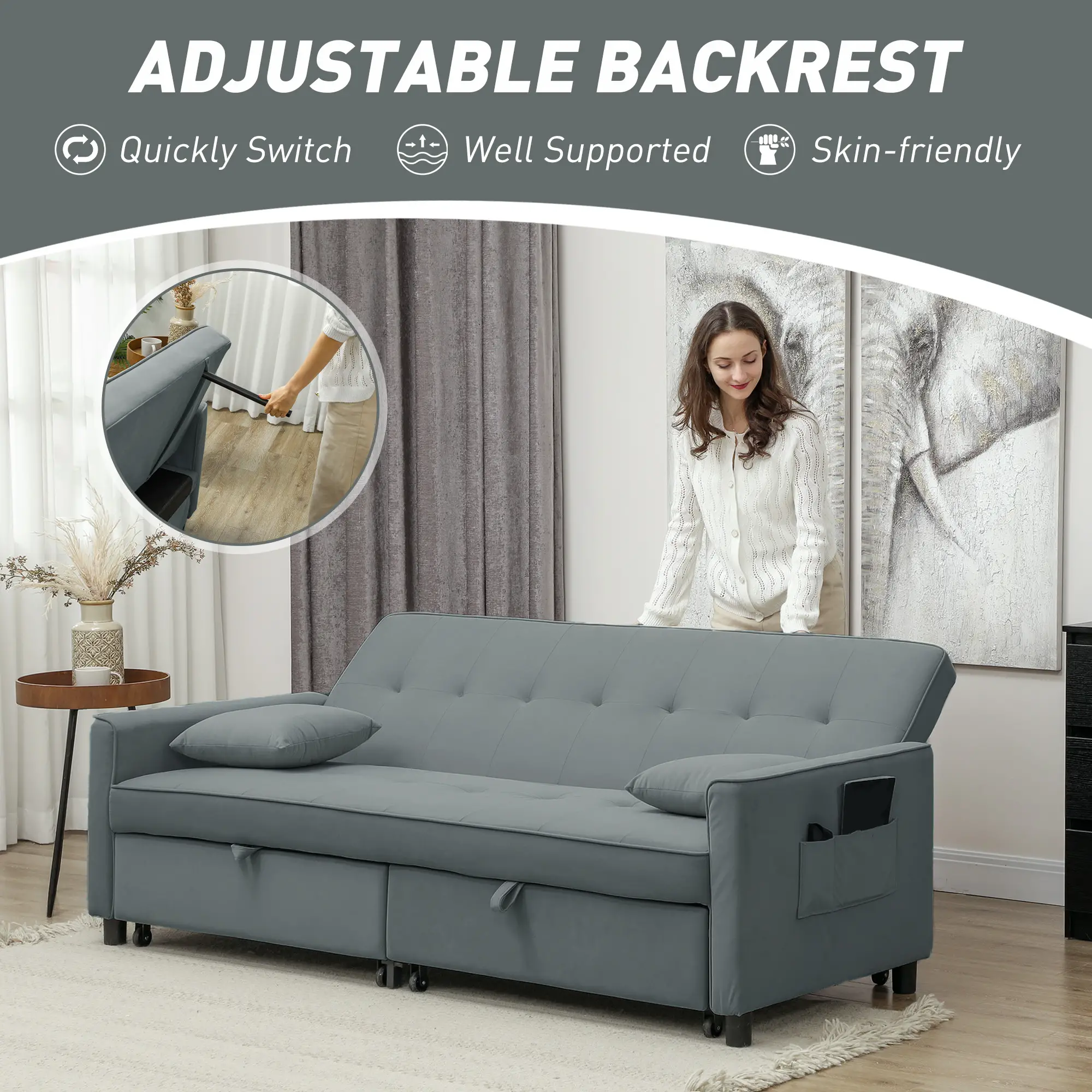 3 Seater Velvet Sofa Bed 196 x 90 x 89cm - Grey - 6